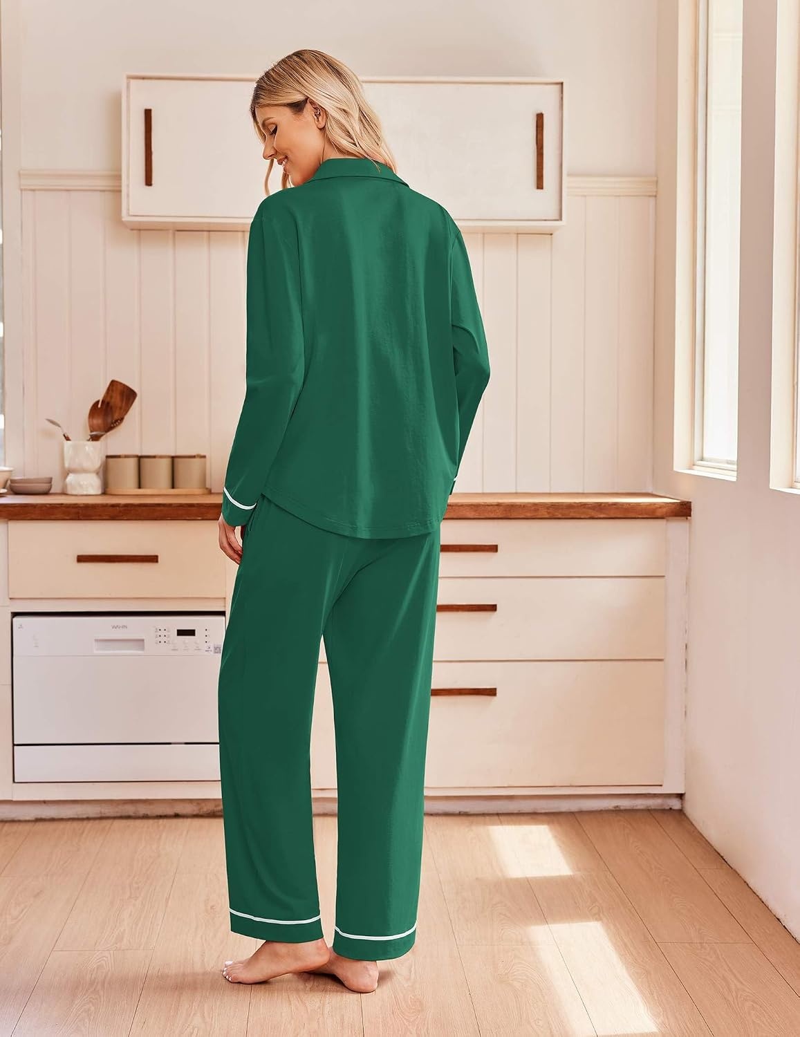 image:imageEkouaer Pajamas for Women Set Cotton Long Sleeve Pjs Button Up Lounge SetsGreen