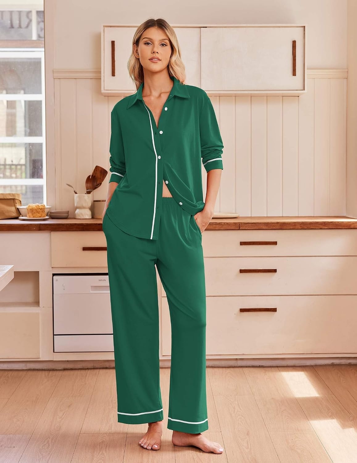 image:imageEkouaer Pajamas for Women Set Cotton Long Sleeve Pjs Button Up Lounge SetsGreen