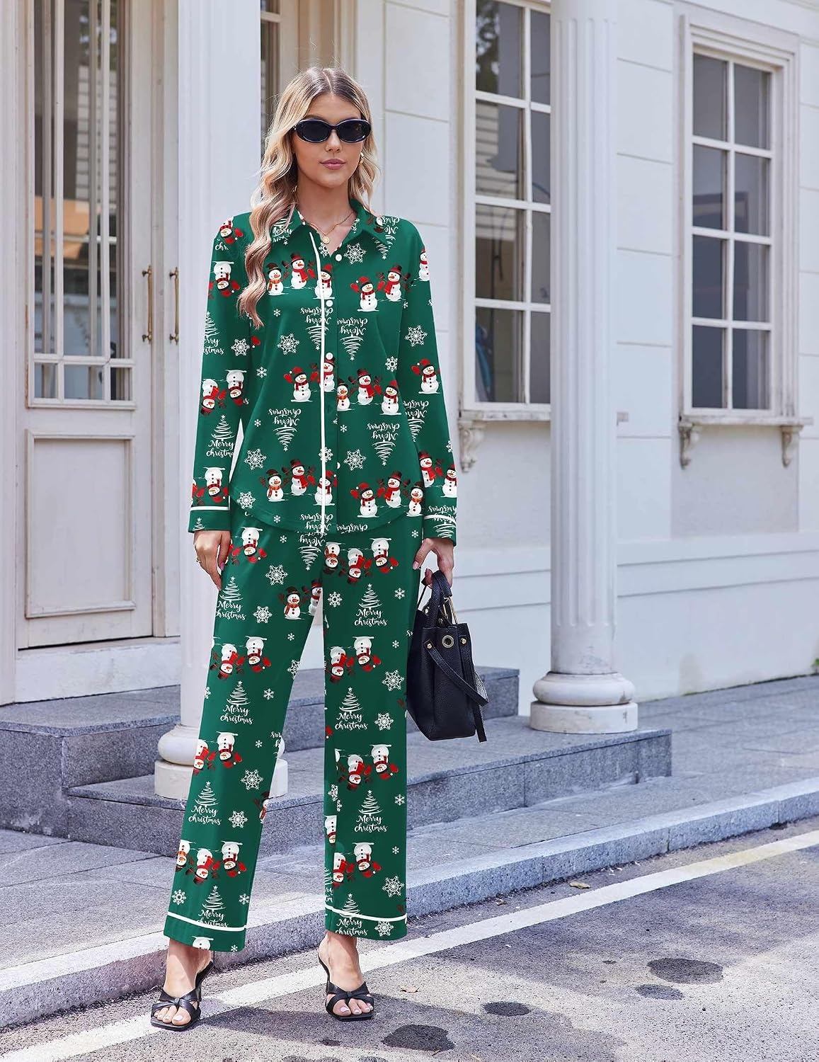 image:imageEkouaer Pajamas for Women Set Cotton Long Sleeve Pjs Button Up Lounge SetsGreen Christmas Snowman
