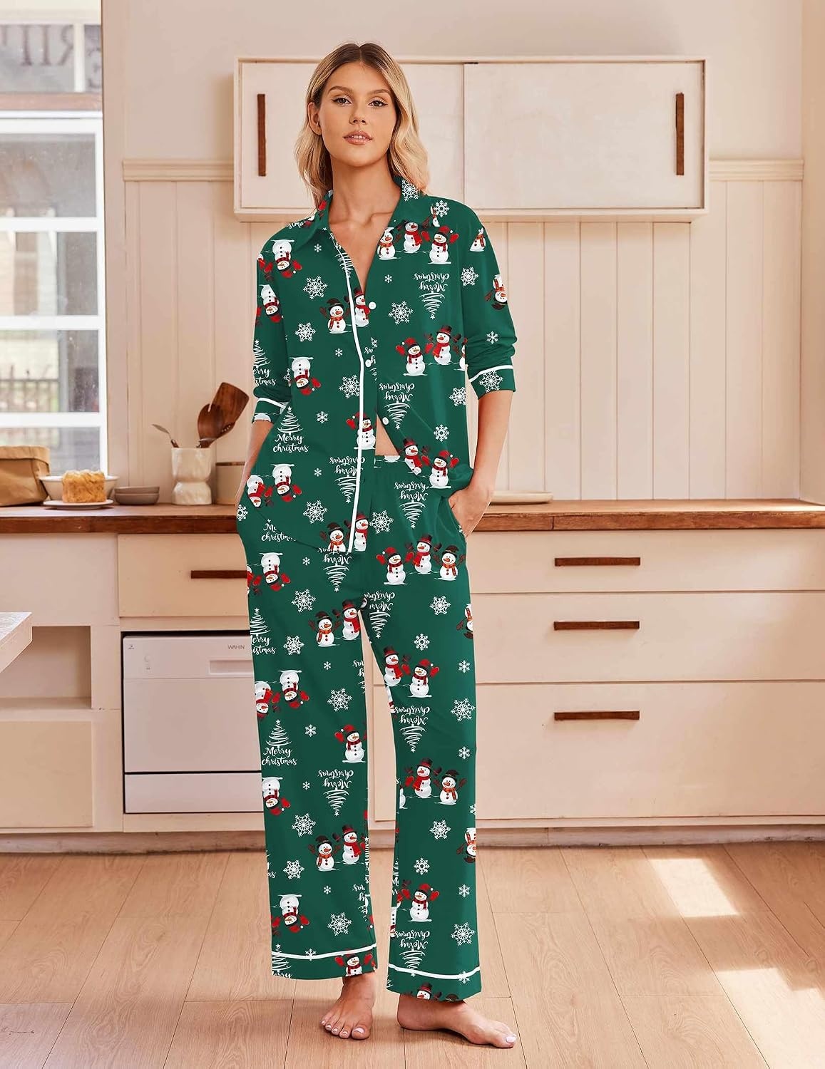 image:imageEkouaer Pajamas for Women Set Cotton Long Sleeve Pjs Button Up Lounge SetsGreen Christmas Snowman