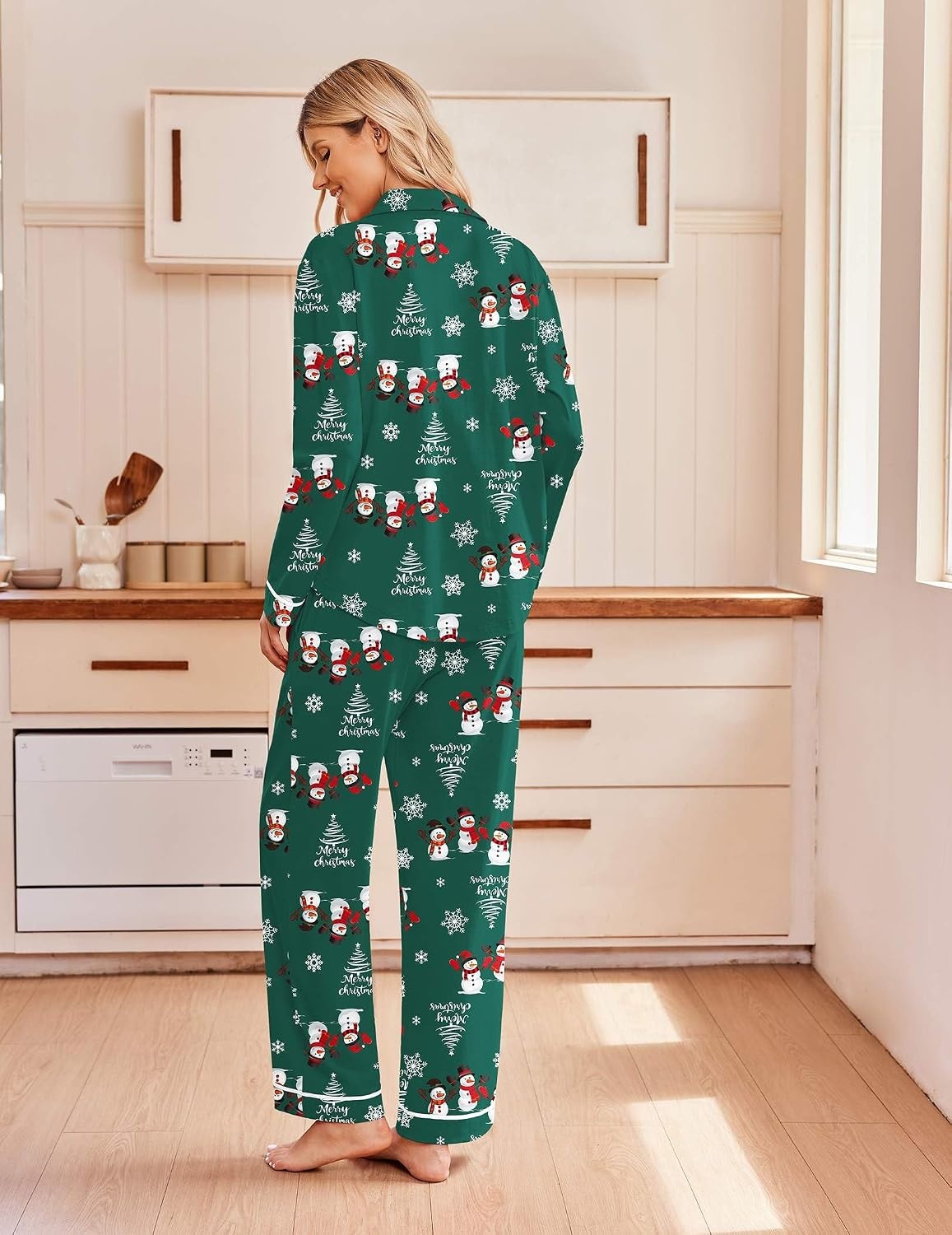 image:imageEkouaer Pajamas for Women Set Cotton Long Sleeve Pjs Button Up Lounge SetsGreen Christmas Snowman