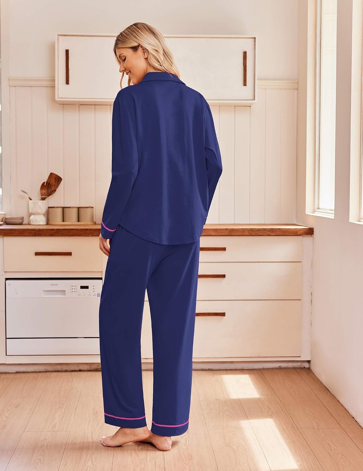 image:imageEkouaer Pajamas for Women Set Cotton Long Sleeve Pjs Button Up Lounge SetsNavy Blue