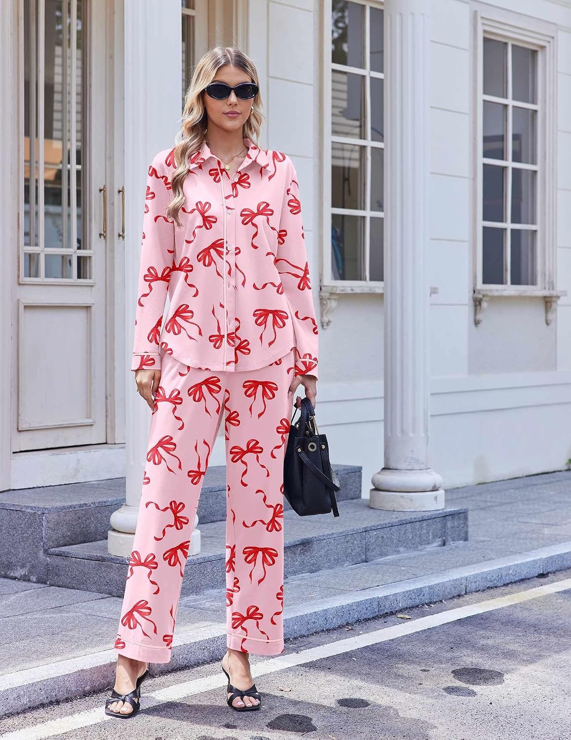 image:imageEkouaer Pajamas for Women Set Cotton Long Sleeve Pjs Button Up Lounge SetsPink Bow
