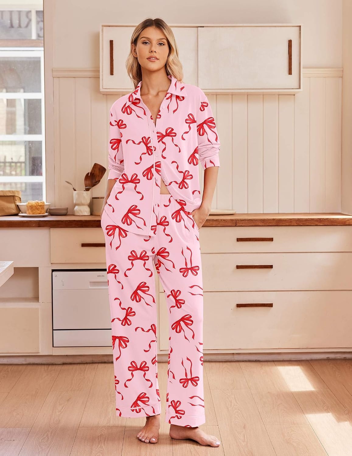 image:imageEkouaer Pajamas for Women Set Cotton Long Sleeve Pjs Button Up Lounge SetsPink Bow