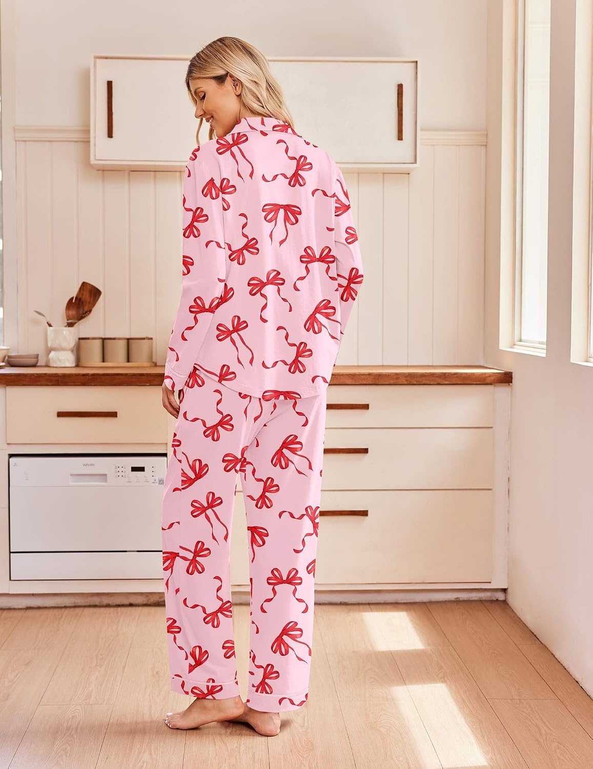 image:imageEkouaer Pajamas for Women Set Cotton Long Sleeve Pjs Button Up Lounge SetsPink Bow