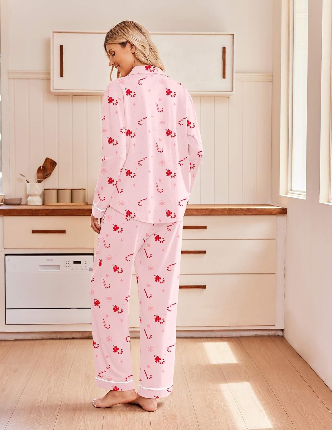 image:imageEkouaer Pajamas for Women Set Cotton Long Sleeve Pjs Button Up Lounge SetsPink Christmas Candy Canes