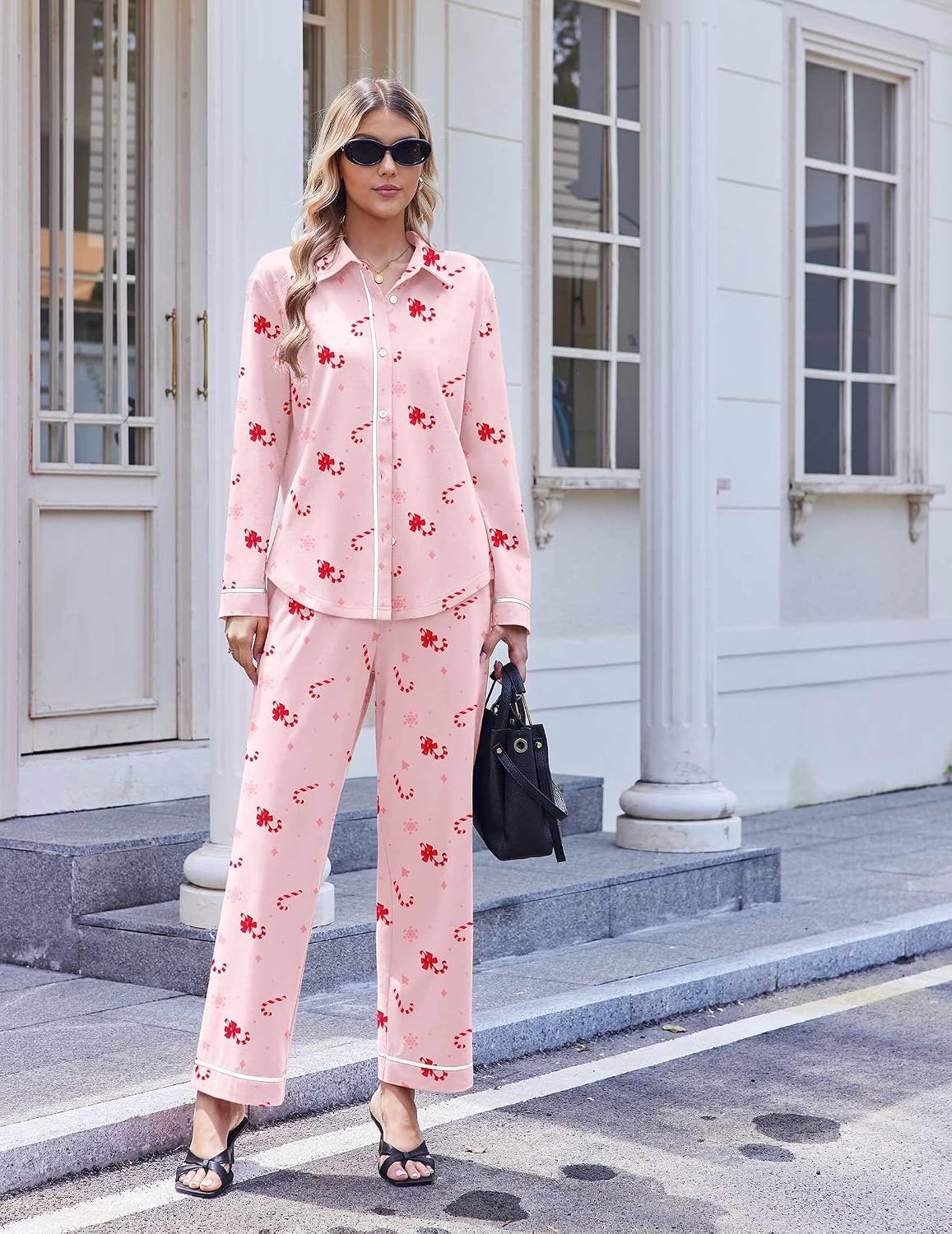 image:imageEkouaer Pajamas for Women Set Cotton Long Sleeve Pjs Button Up Lounge SetsPink Christmas Candy Canes