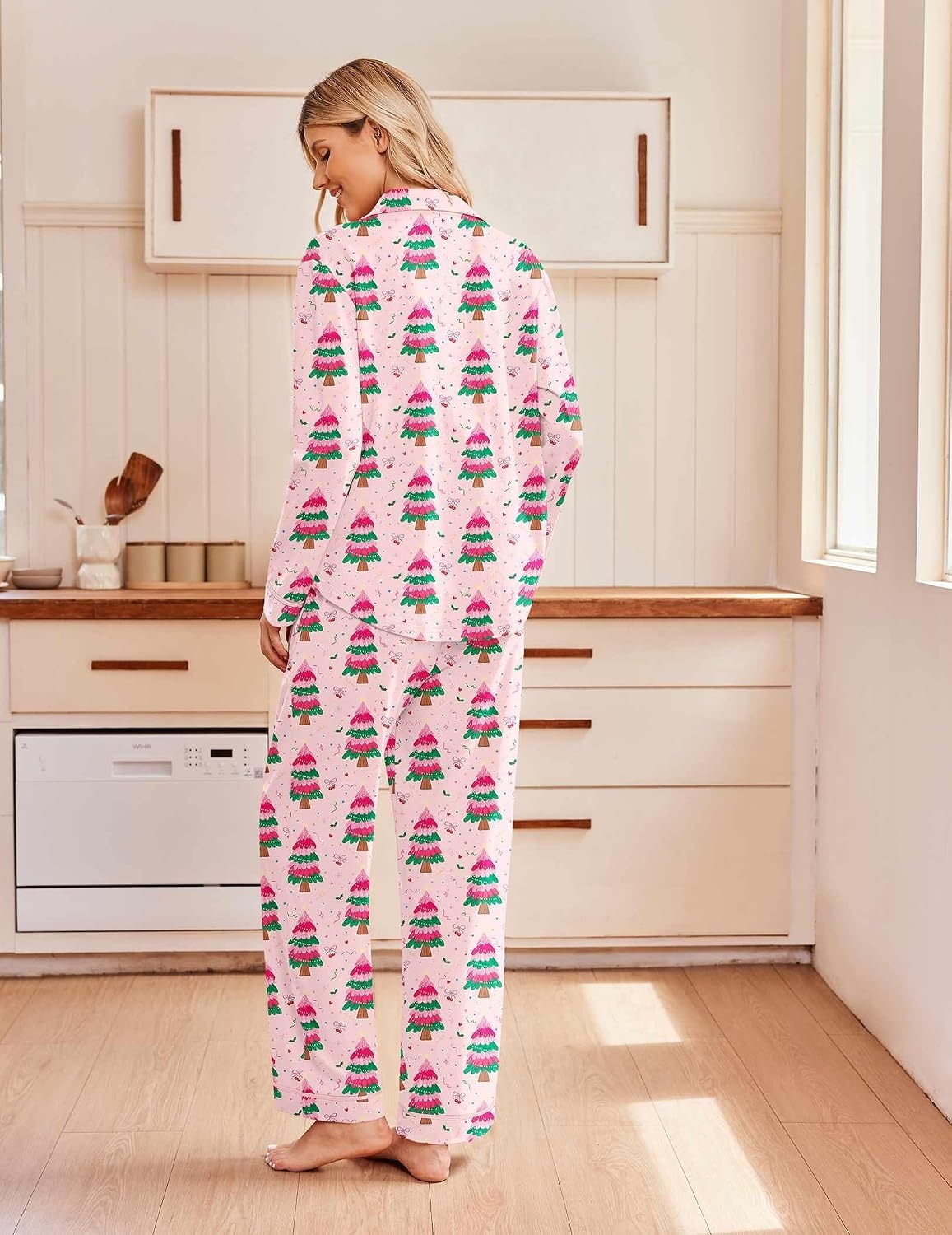 image:imageEkouaer Pajamas for Women Set Cotton Long Sleeve Pjs Button Up Lounge SetsPink Christmas Tree