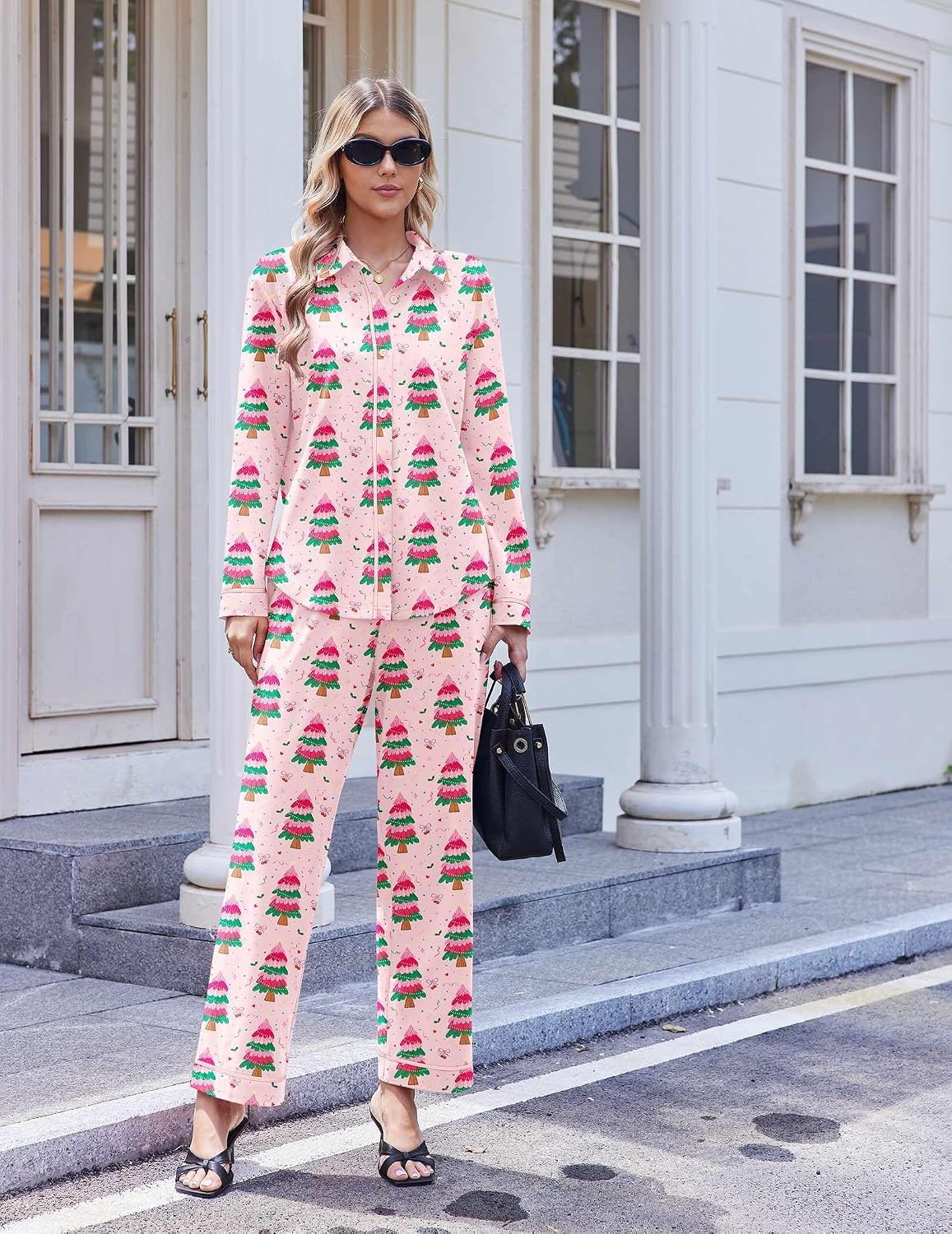 image:imageEkouaer Pajamas for Women Set Cotton Long Sleeve Pjs Button Up Lounge SetsPink Christmas Tree