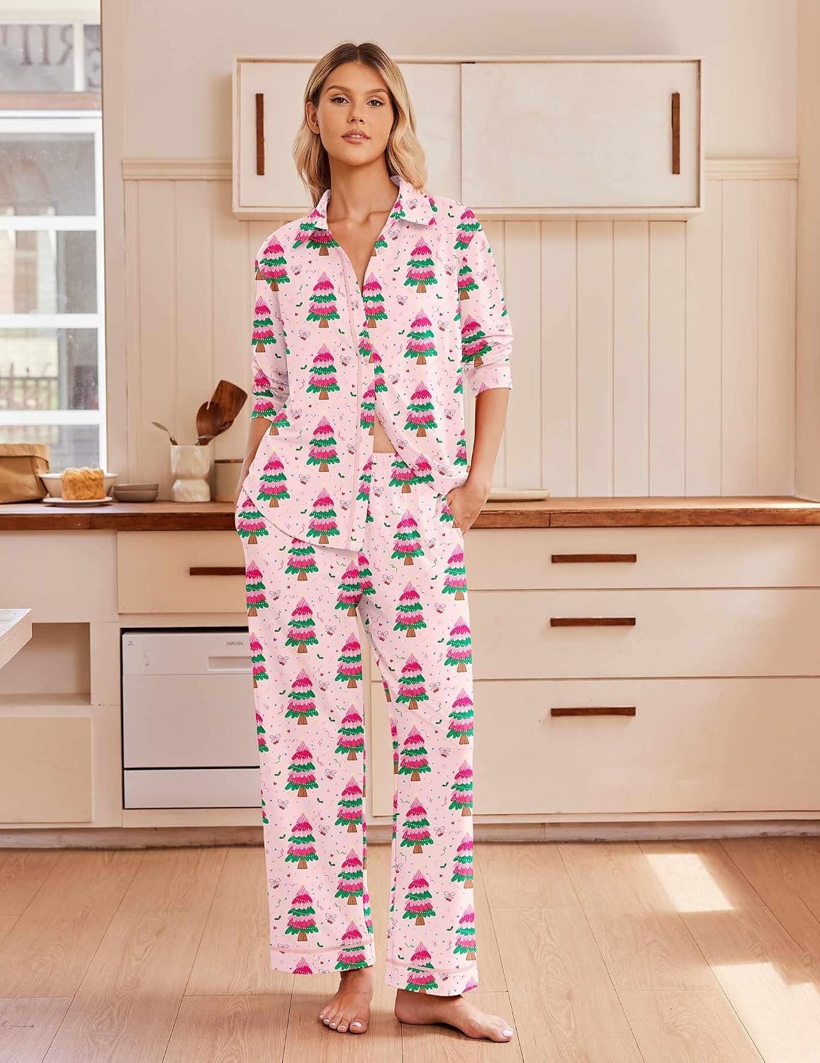 image:imageEkouaer Pajamas for Women Set Cotton Long Sleeve Pjs Button Up Lounge SetsPink Christmas Tree