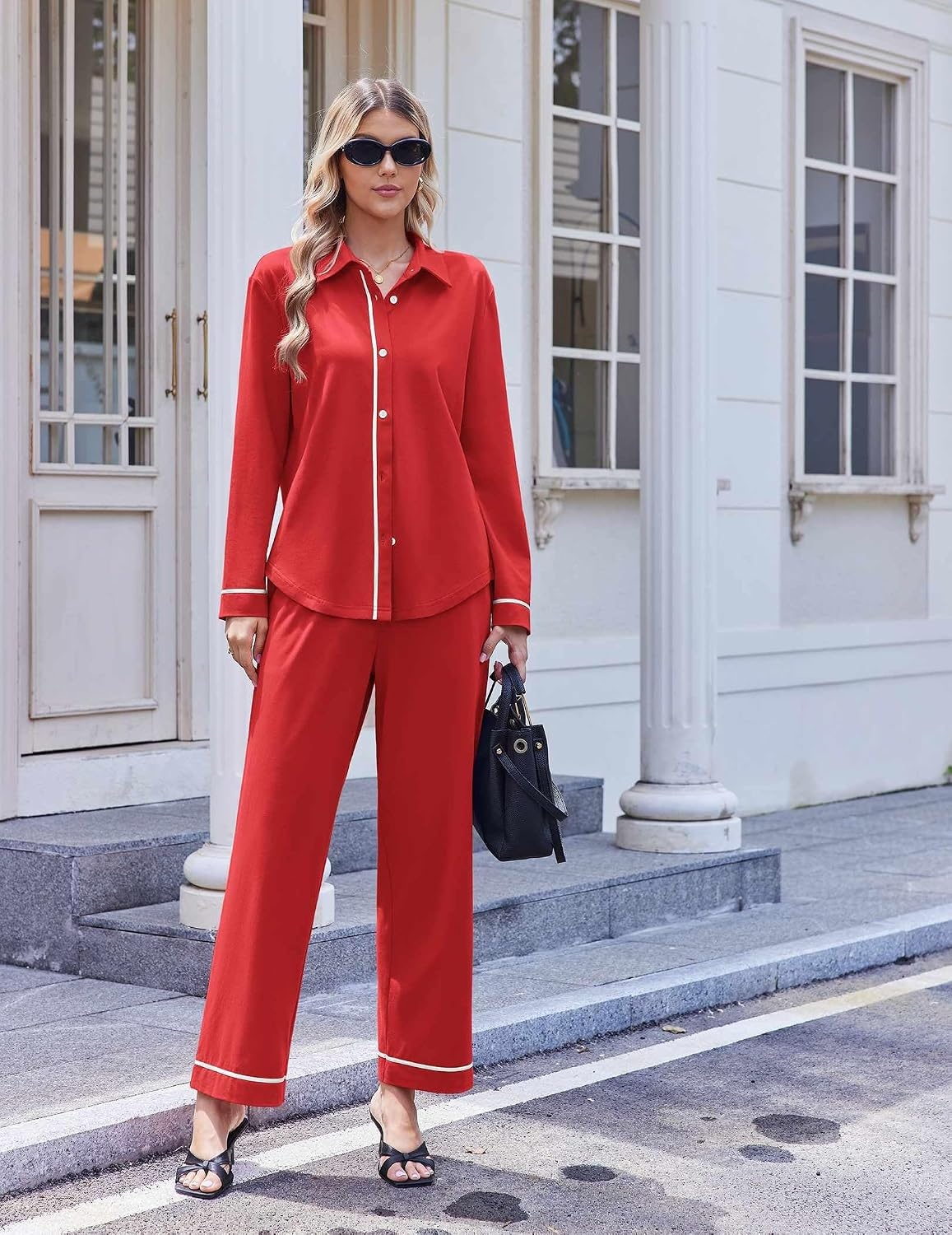 image:imageEkouaer Pajamas for Women Set Cotton Long Sleeve Pjs Button Up Lounge SetsRed