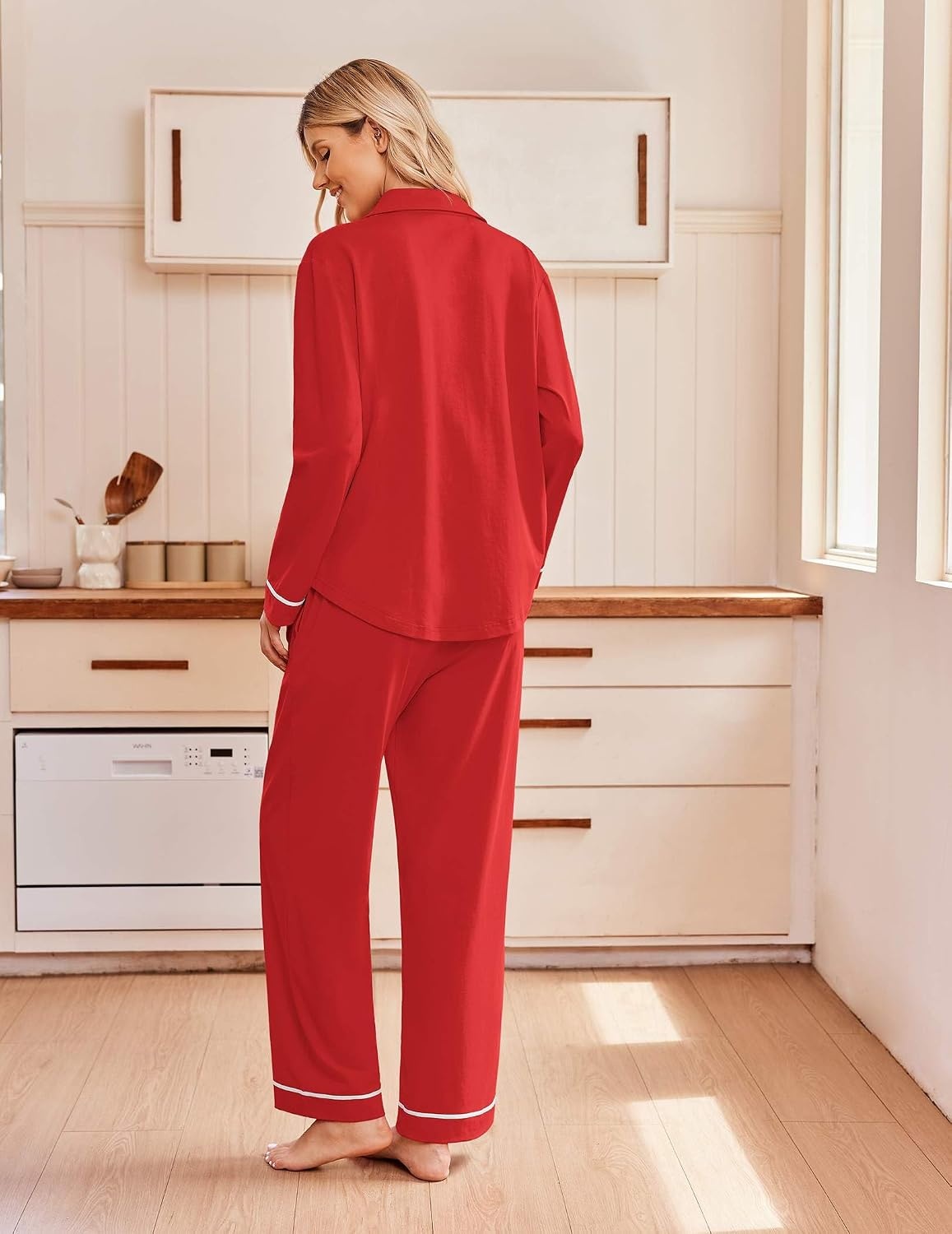 image:imageEkouaer Pajamas for Women Set Cotton Long Sleeve Pjs Button Up Lounge SetsRed