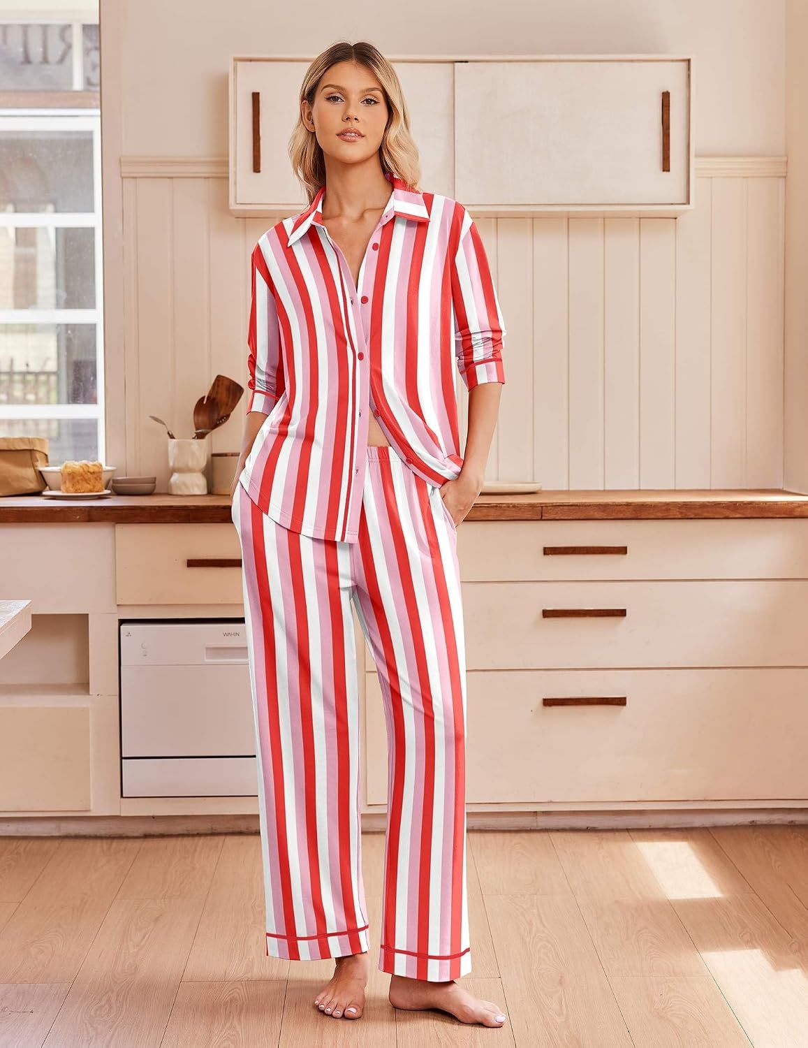 image:imageEkouaer Pajamas for Women Set Cotton Long Sleeve Pjs Button Up Lounge SetsRed Pink White Stripe
