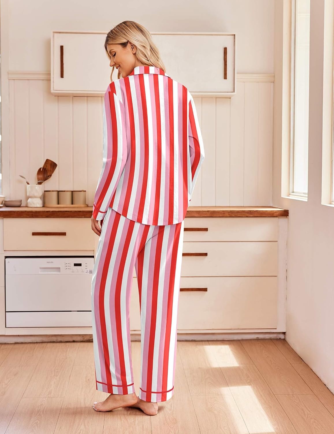 image:imageEkouaer Pajamas for Women Set Cotton Long Sleeve Pjs Button Up Lounge SetsRed Pink White Stripe