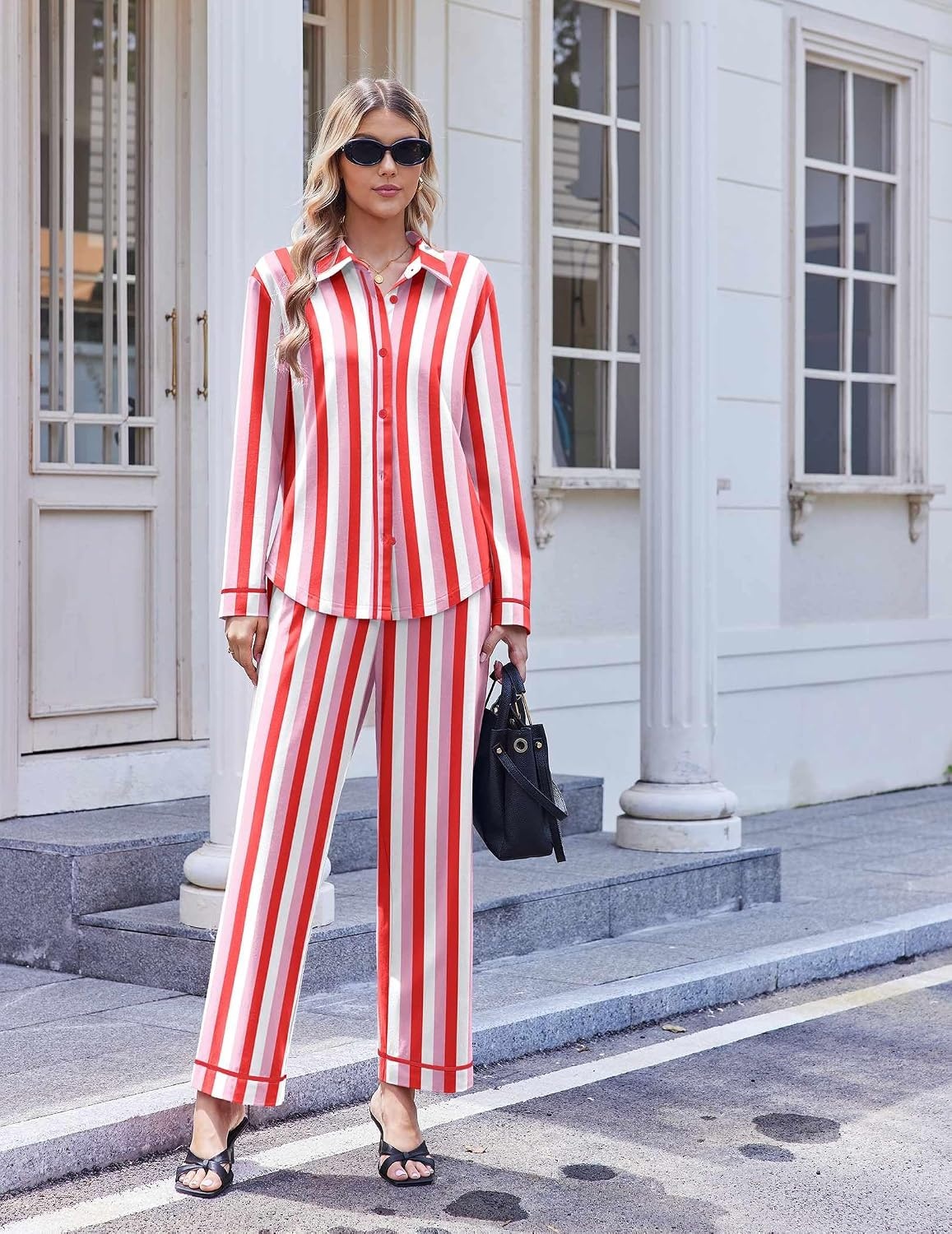 image:imageEkouaer Pajamas for Women Set Cotton Long Sleeve Pjs Button Up Lounge SetsRed Pink White Stripe