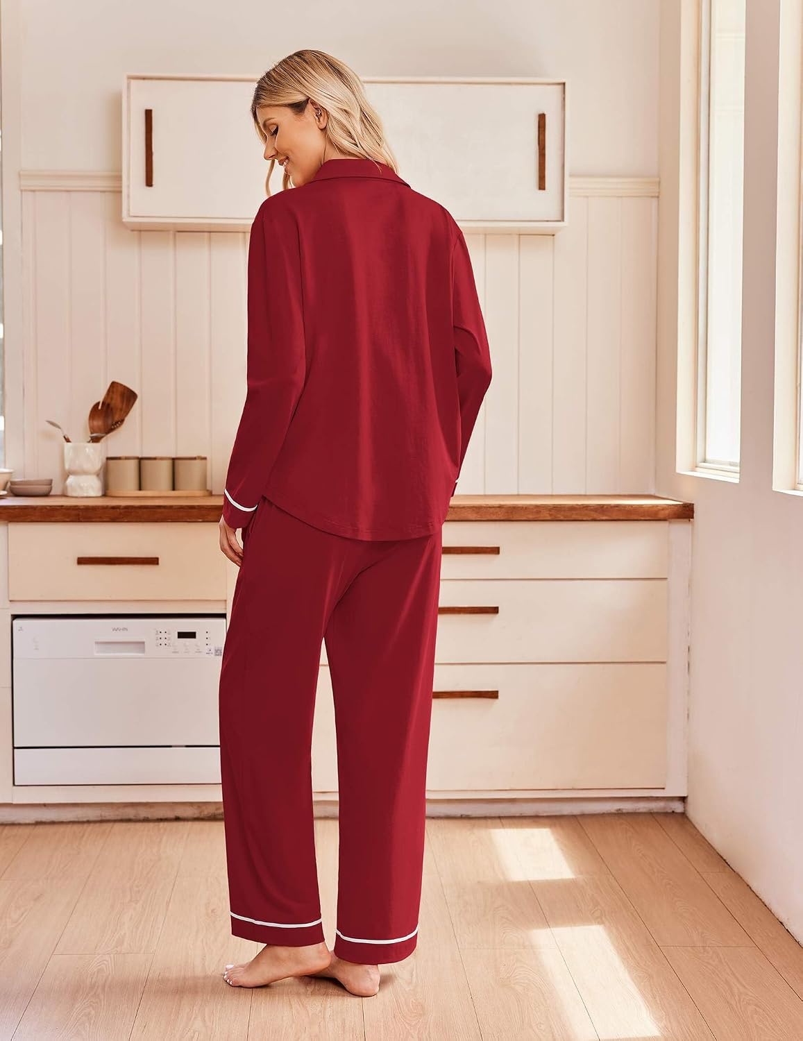 image:imageEkouaer Pajamas for Women Set Cotton Long Sleeve Pjs Button Up Lounge SetsWine Red