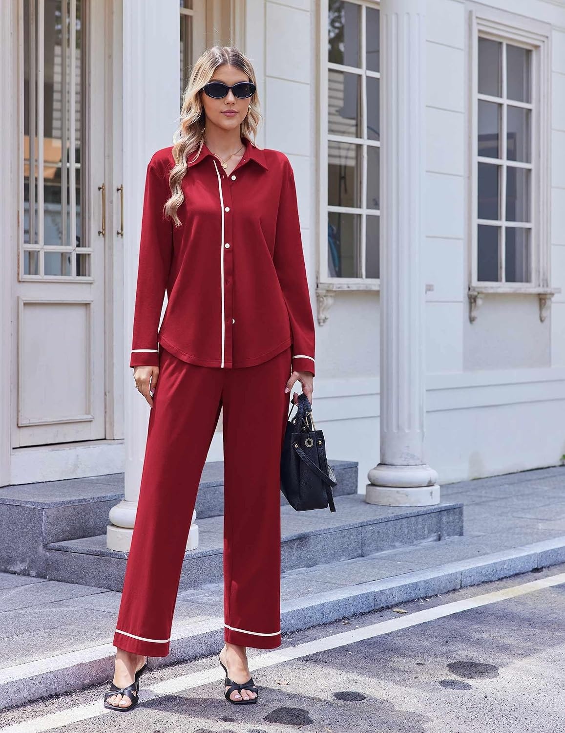 image:imageEkouaer Pajamas for Women Set Cotton Long Sleeve Pjs Button Up Lounge SetsWine Red
