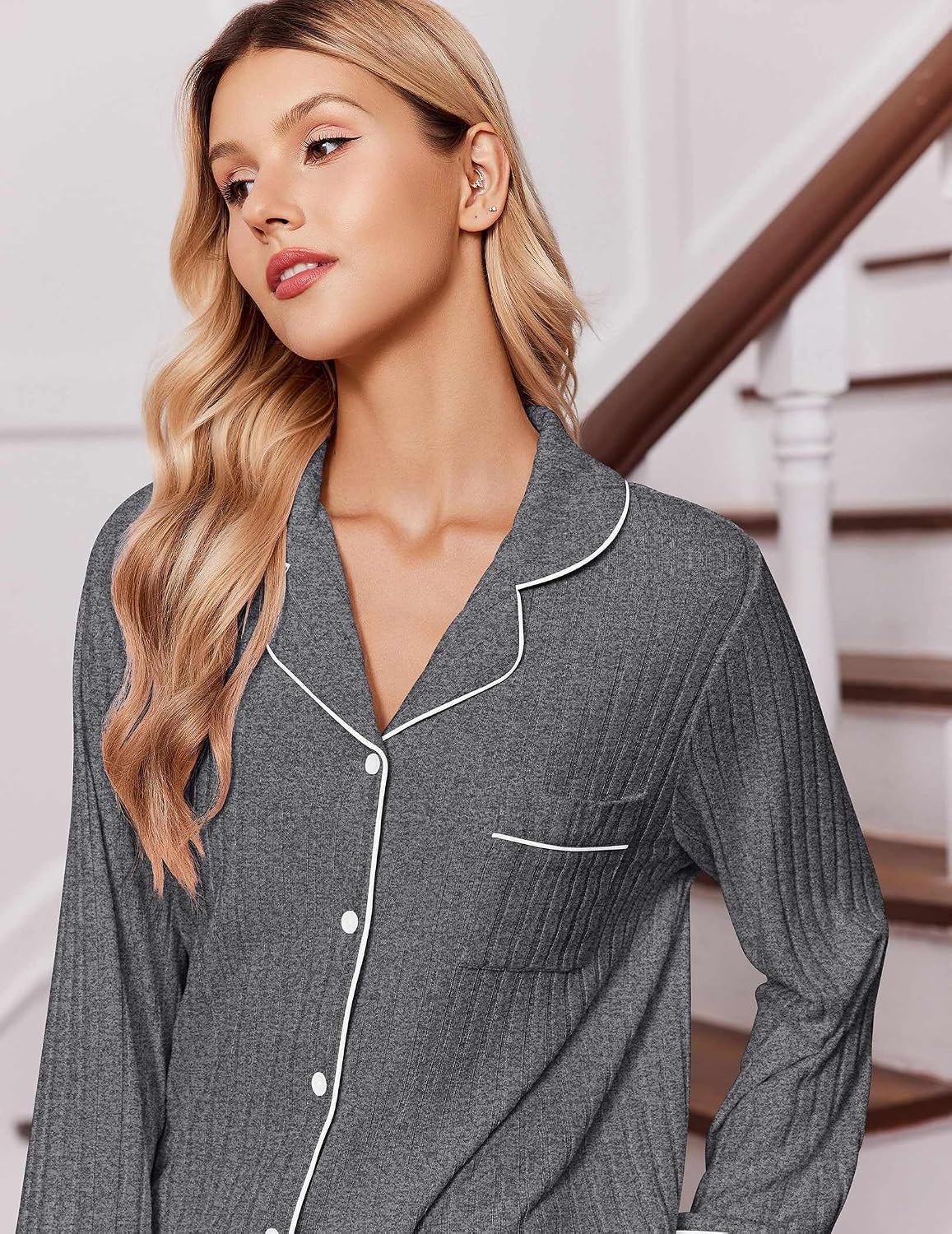 image:imageEkouaer Pajamas for Women Set Soft Button Up Pjs Long Sleeve Lounge SetsBlack