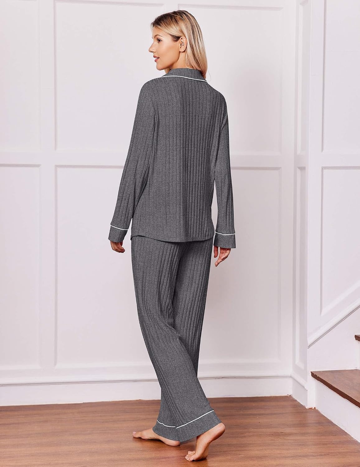 image:imageEkouaer Pajamas for Women Set Soft Button Up Pjs Long Sleeve Lounge SetsBlack