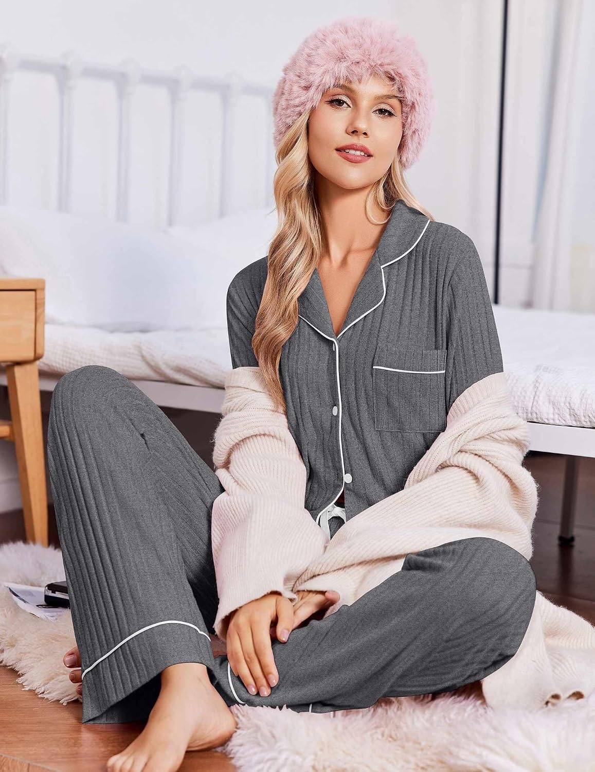image:imageEkouaer Pajamas for Women Set Soft Button Up Pjs Long Sleeve Lounge SetsBlack
