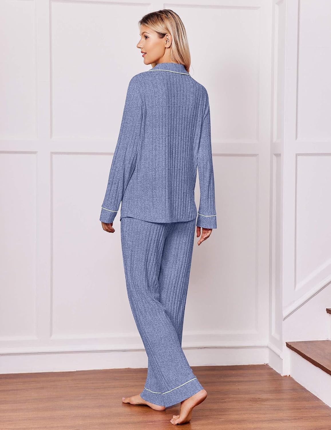 image:imageEkouaer Pajamas for Women Set Soft Button Up Pjs Long Sleeve Lounge SetsNavy