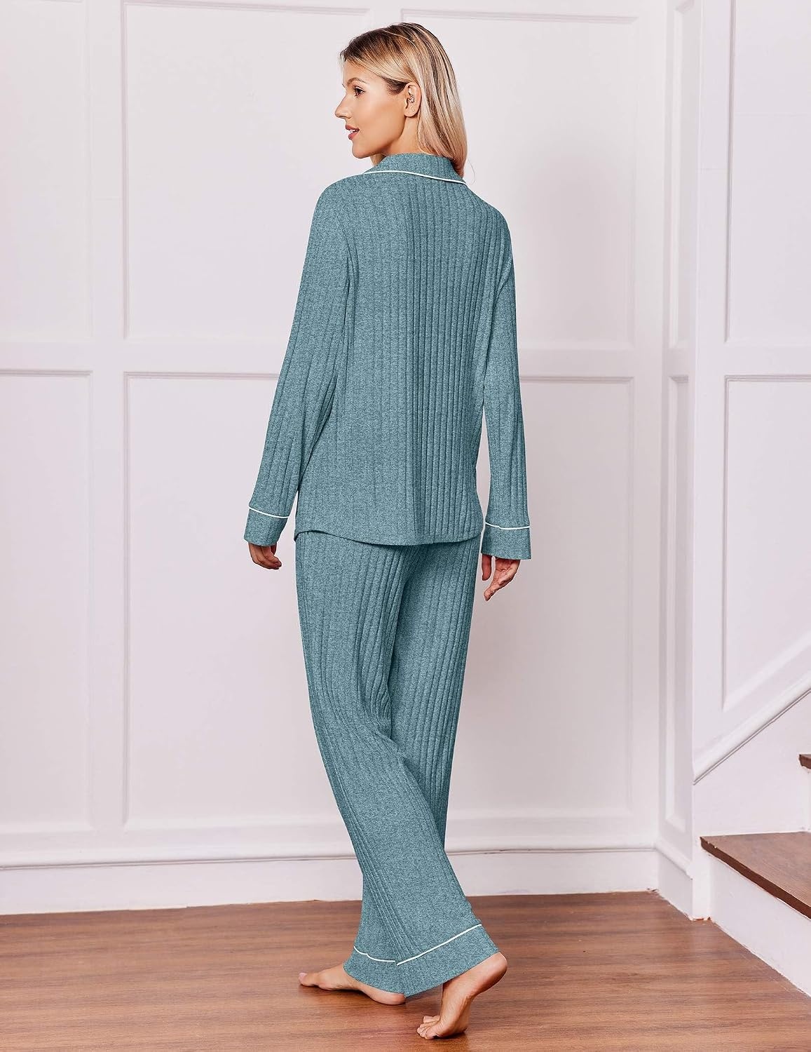 image:imageEkouaer Pajamas for Women Set Soft Button Up Pjs Long Sleeve Lounge SetsTeal