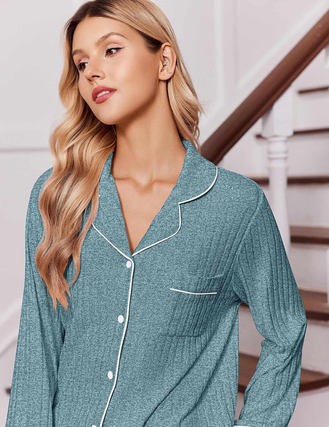 image:imageEkouaer Pajamas for Women Set Soft Button Up Pjs Long Sleeve Lounge SetsTeal