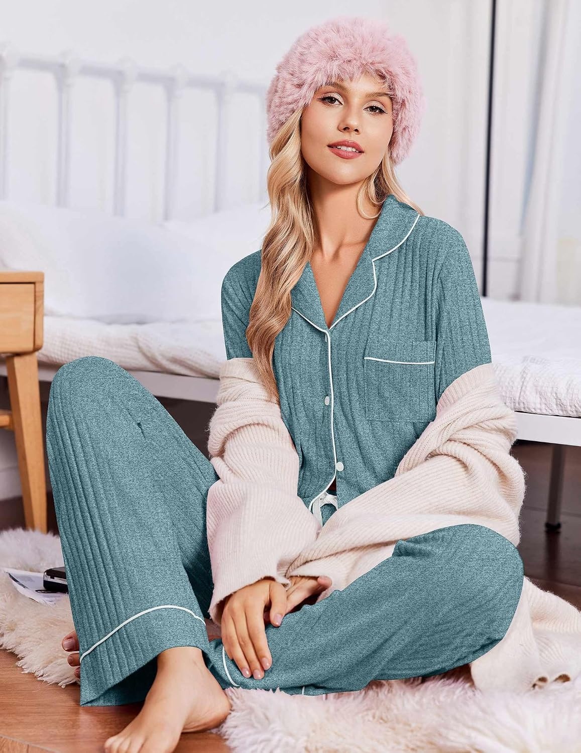 image:imageEkouaer Pajamas for Women Set Soft Button Up Pjs Long Sleeve Lounge SetsTeal