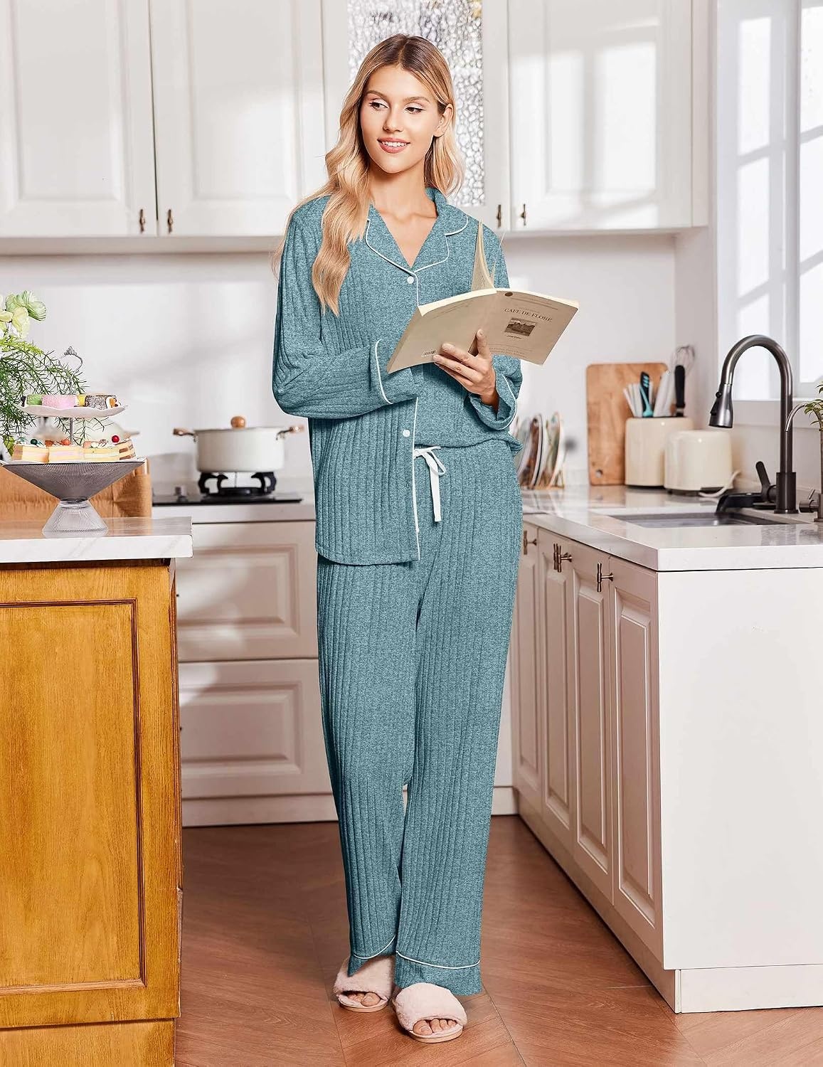 image:imageEkouaer Pajamas for Women Set Soft Button Up Pjs Long Sleeve Lounge SetsTeal