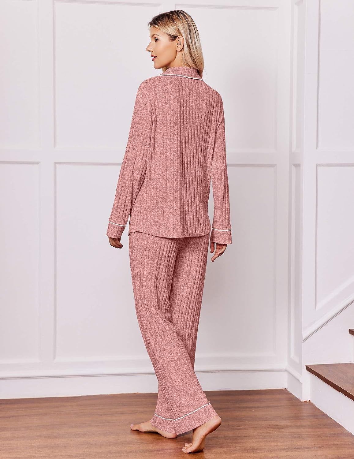 image:imageEkouaer Pajamas for Women Set Soft Button Up Pjs Long Sleeve Lounge SetsWine