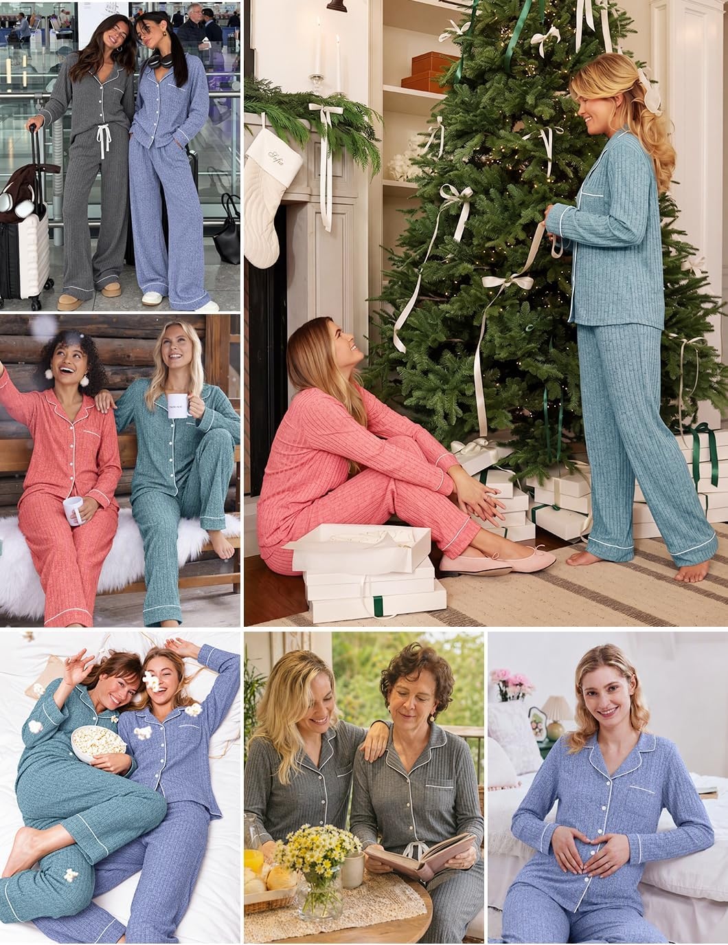 image:imageEkouaer Pajamas for Women Set Soft Button Up Pjs Long Sleeve Lounge SetsWine