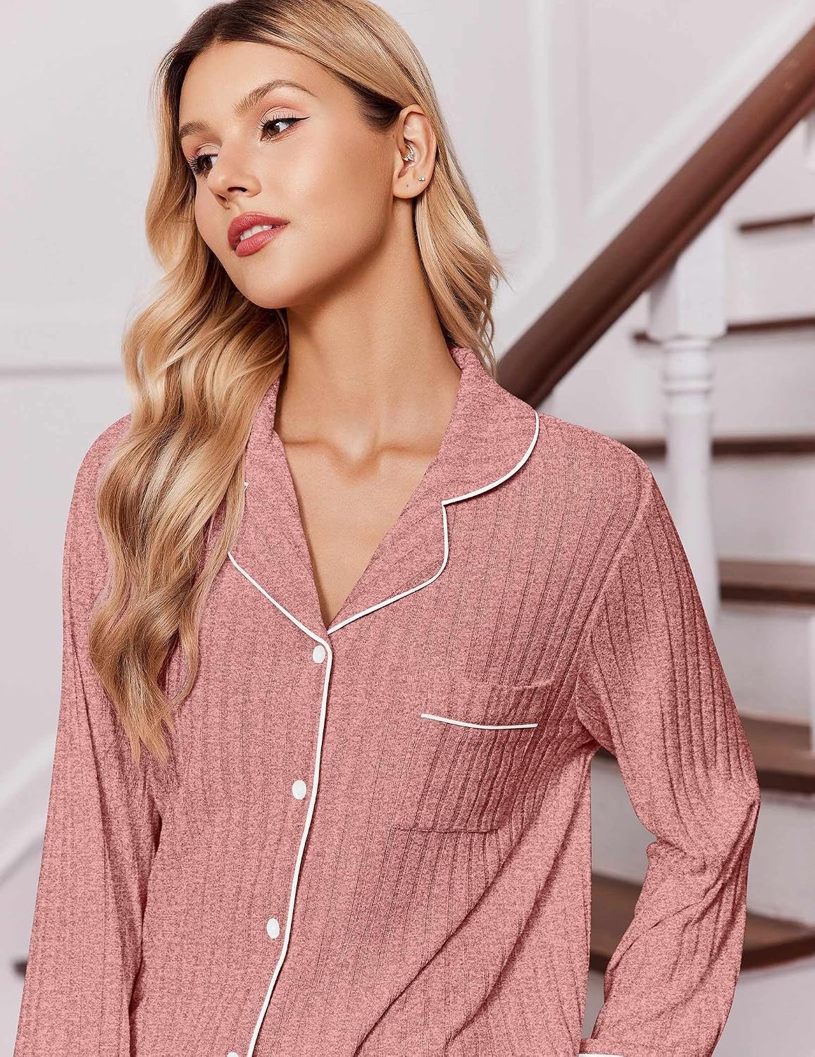 image:imageEkouaer Pajamas for Women Set Soft Button Up Pjs Long Sleeve Lounge SetsWine