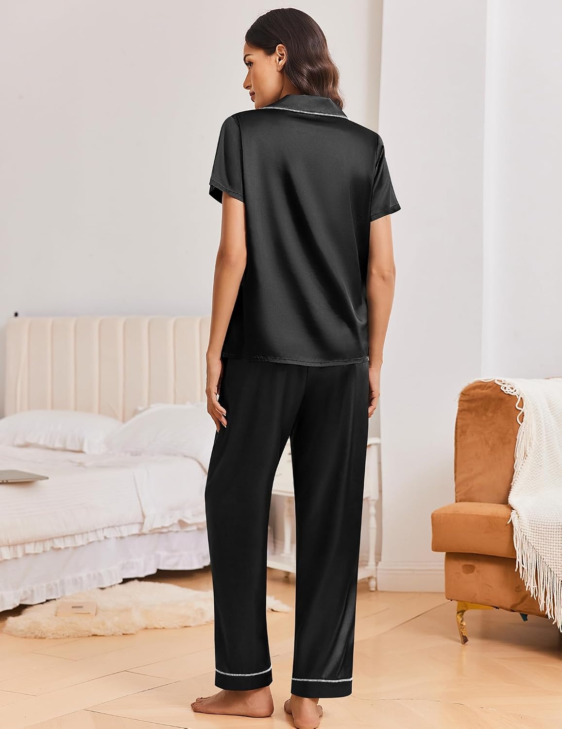 image:imageEkouaer Silk Pajamas for Women Short Sleeve Sleepwear Button Down Pj SetsBlack
