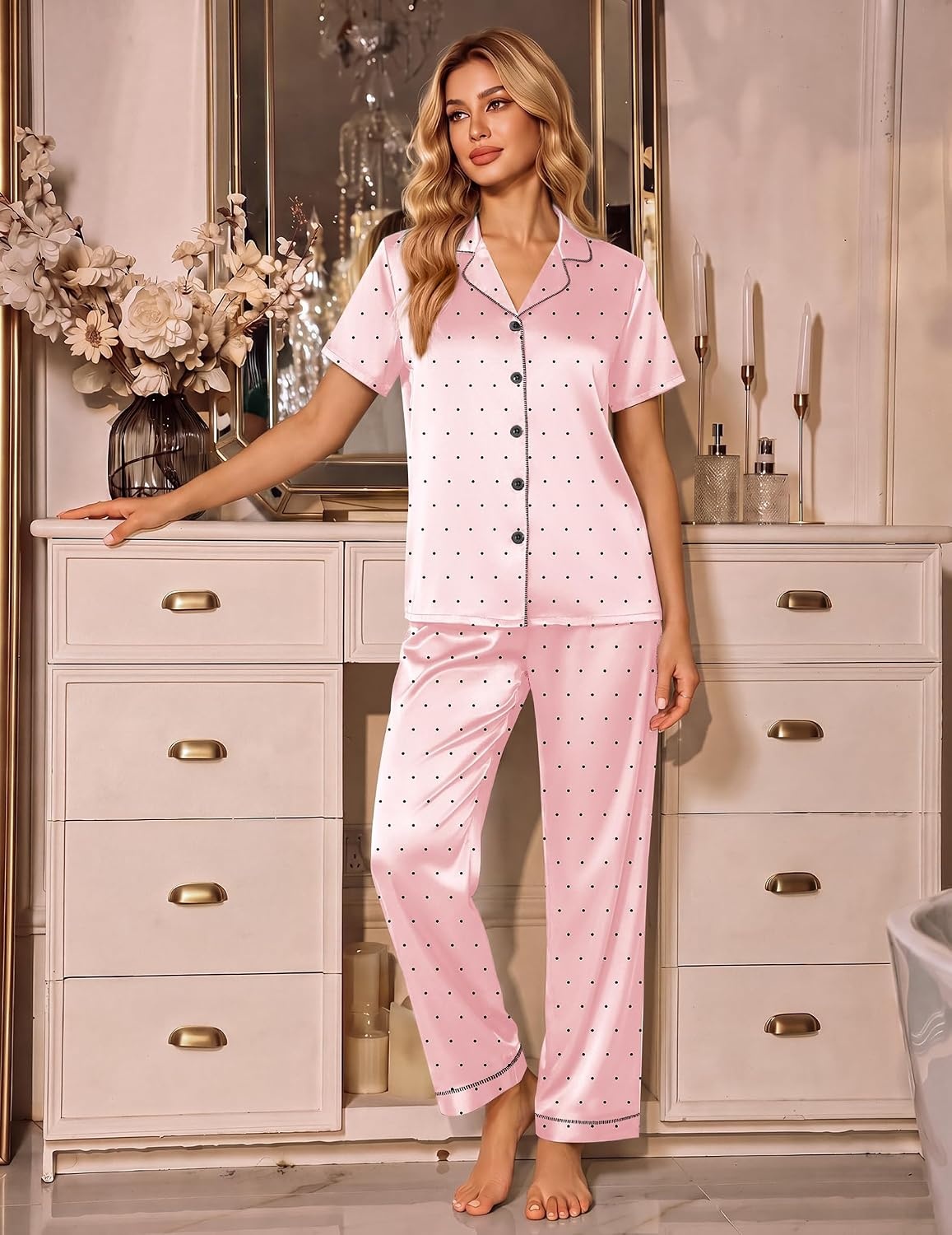 image:imageEkouaer Silk Pajamas for Women Short Sleeve Sleepwear Button Down Pj SetsBlack Spot Lightpink