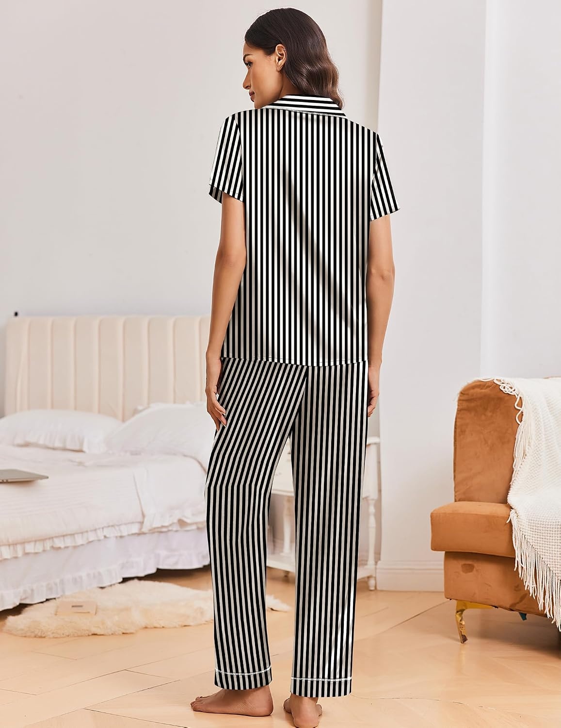 image:imageEkouaer Silk Pajamas for Women Short Sleeve Sleepwear Button Down Pj SetsBlack Stripes