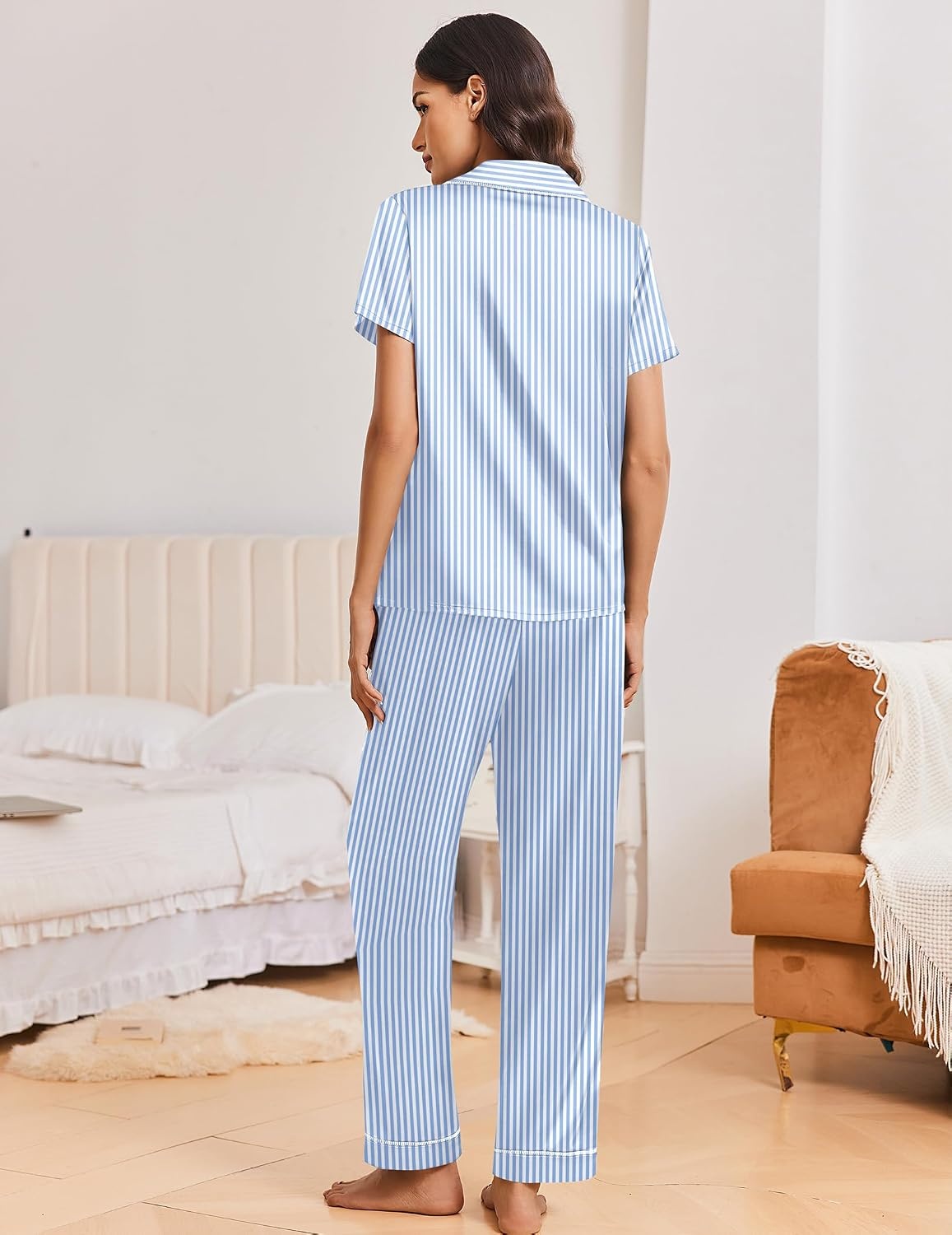 image:imageEkouaer Silk Pajamas for Women Short Sleeve Sleepwear Button Down Pj SetsBlue Stripes