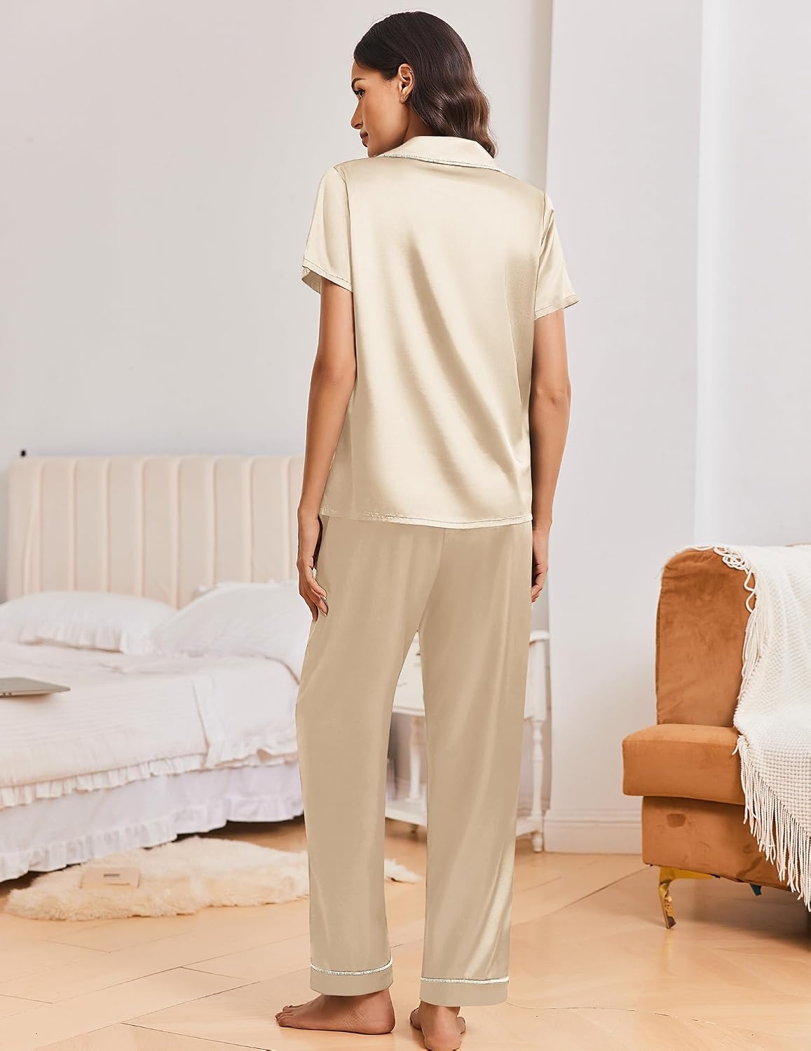 image:imageEkouaer Silk Pajamas for Women Short Sleeve Sleepwear Button Down Pj SetsChampagne