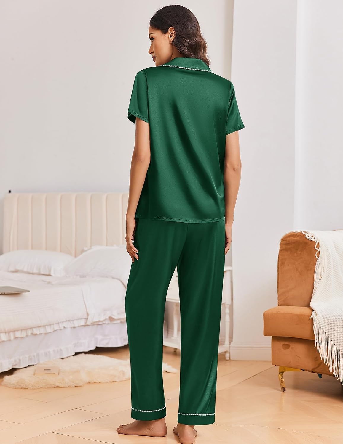 image:imageEkouaer Silk Pajamas for Women Short Sleeve Sleepwear Button Down Pj SetsEvergreen