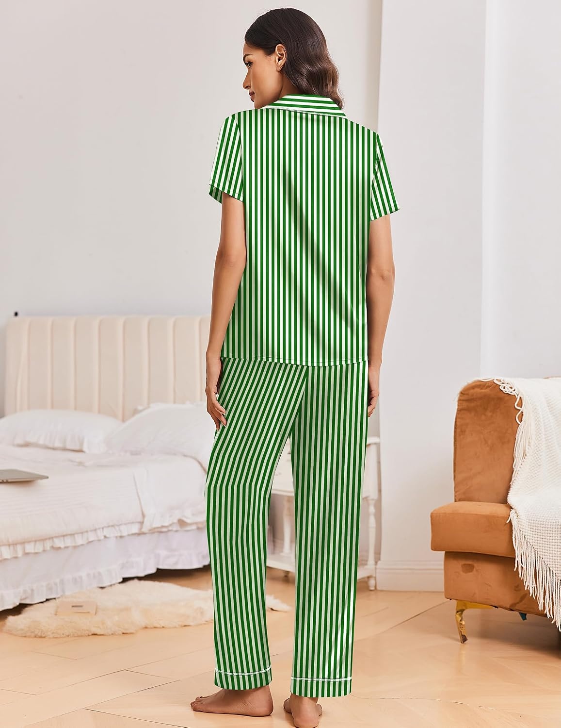 image:imageEkouaer Silk Pajamas for Women Short Sleeve Sleepwear Button Down Pj SetsGreen Stripes