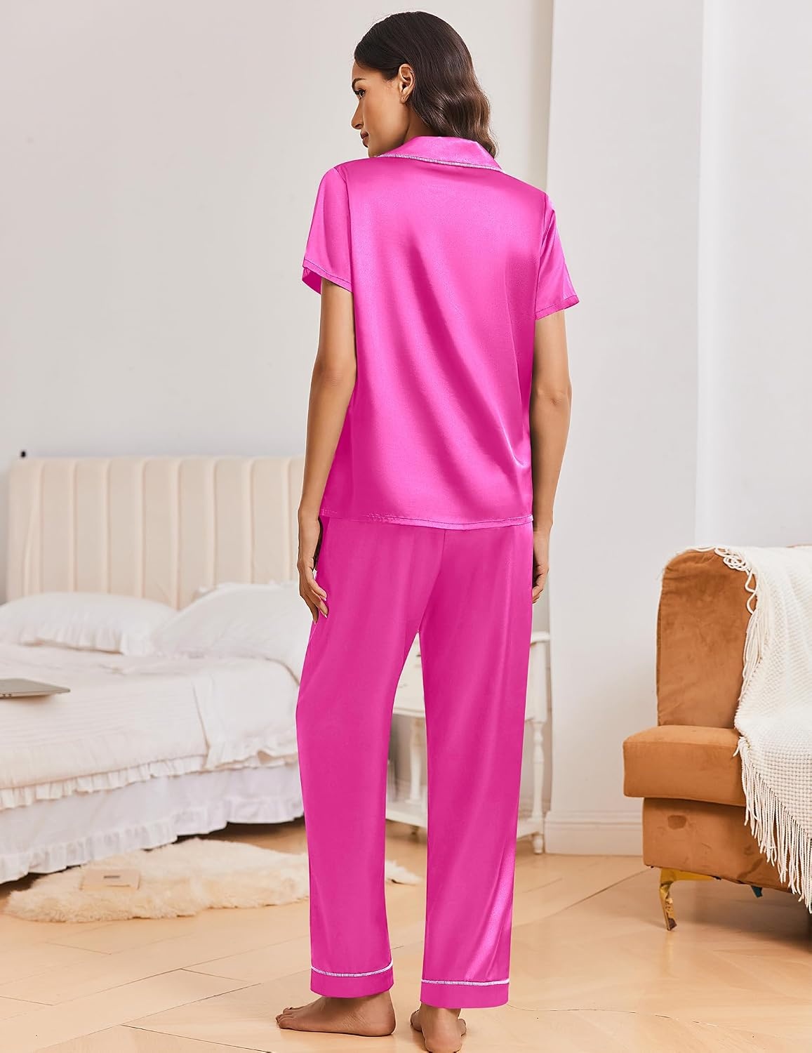 image:imageEkouaer Silk Pajamas for Women Short Sleeve Sleepwear Button Down Pj SetsHot Pink