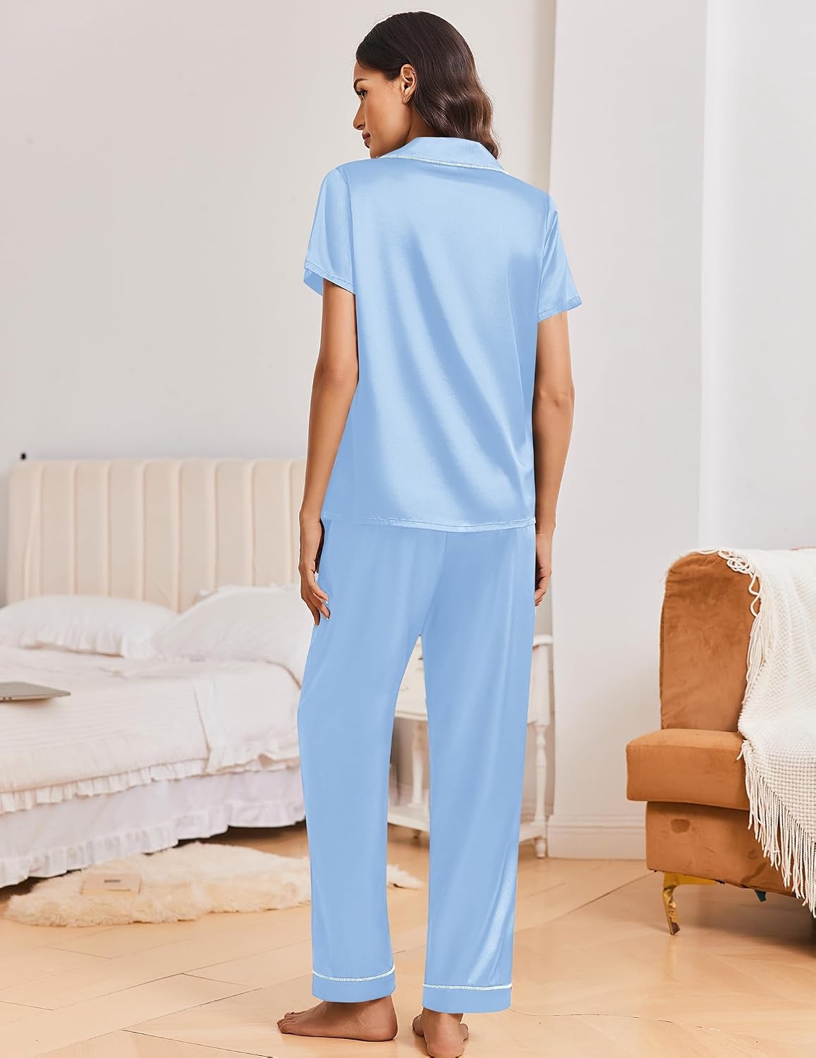 image:imageEkouaer Silk Pajamas for Women Short Sleeve Sleepwear Button Down Pj SetsLight Blue