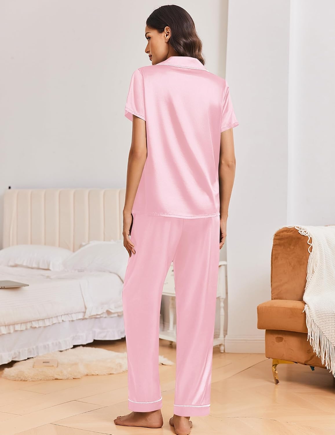 image:imageEkouaer Silk Pajamas for Women Short Sleeve Sleepwear Button Down Pj SetsLight Pink