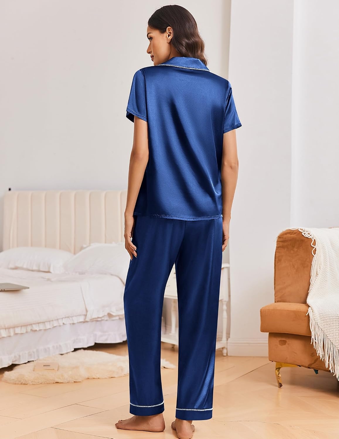 image:imageEkouaer Silk Pajamas for Women Short Sleeve Sleepwear Button Down Pj SetsNavy Blue