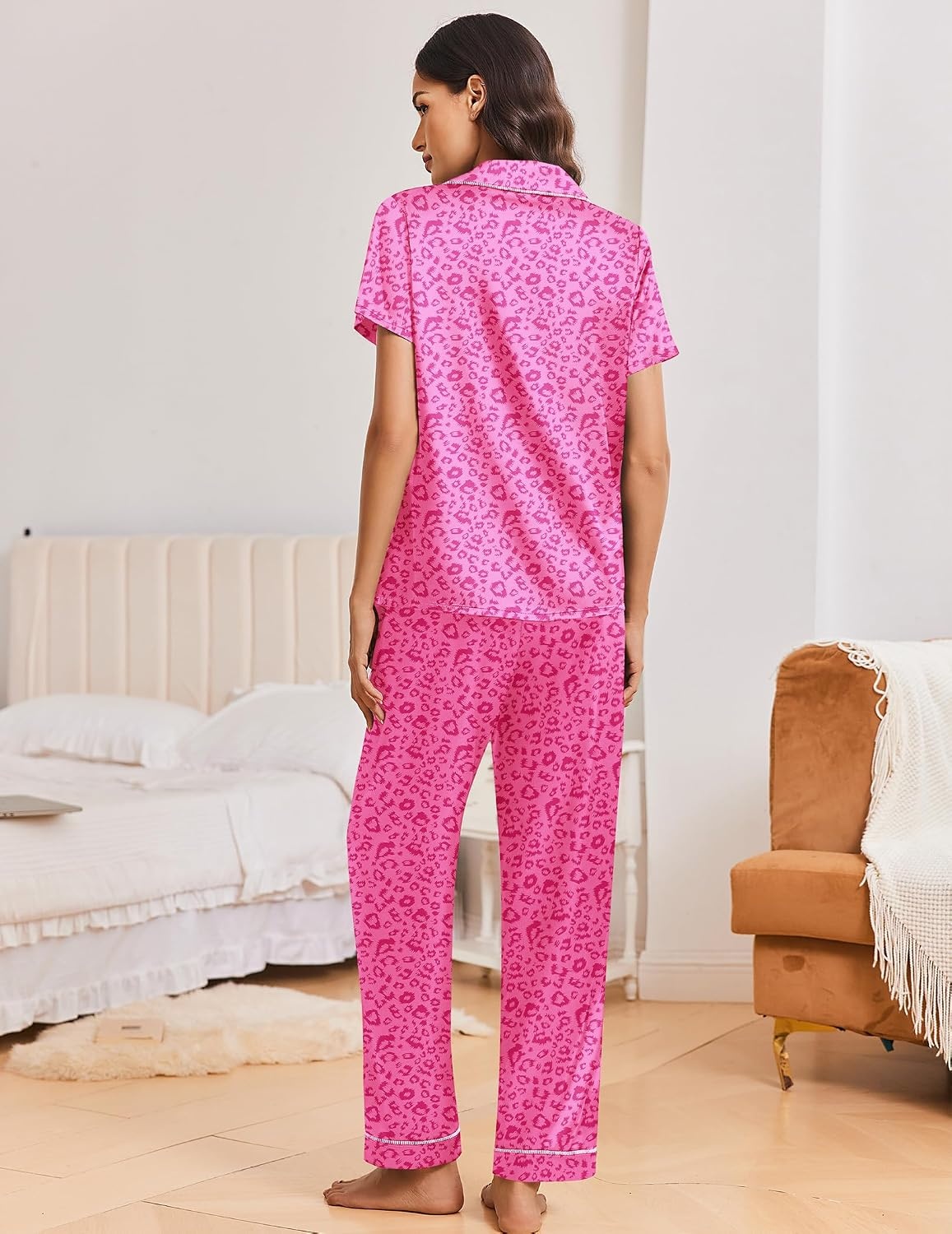 image:imageEkouaer Silk Pajamas for Women Short Sleeve Sleepwear Button Down Pj SetsPink Leopard Print