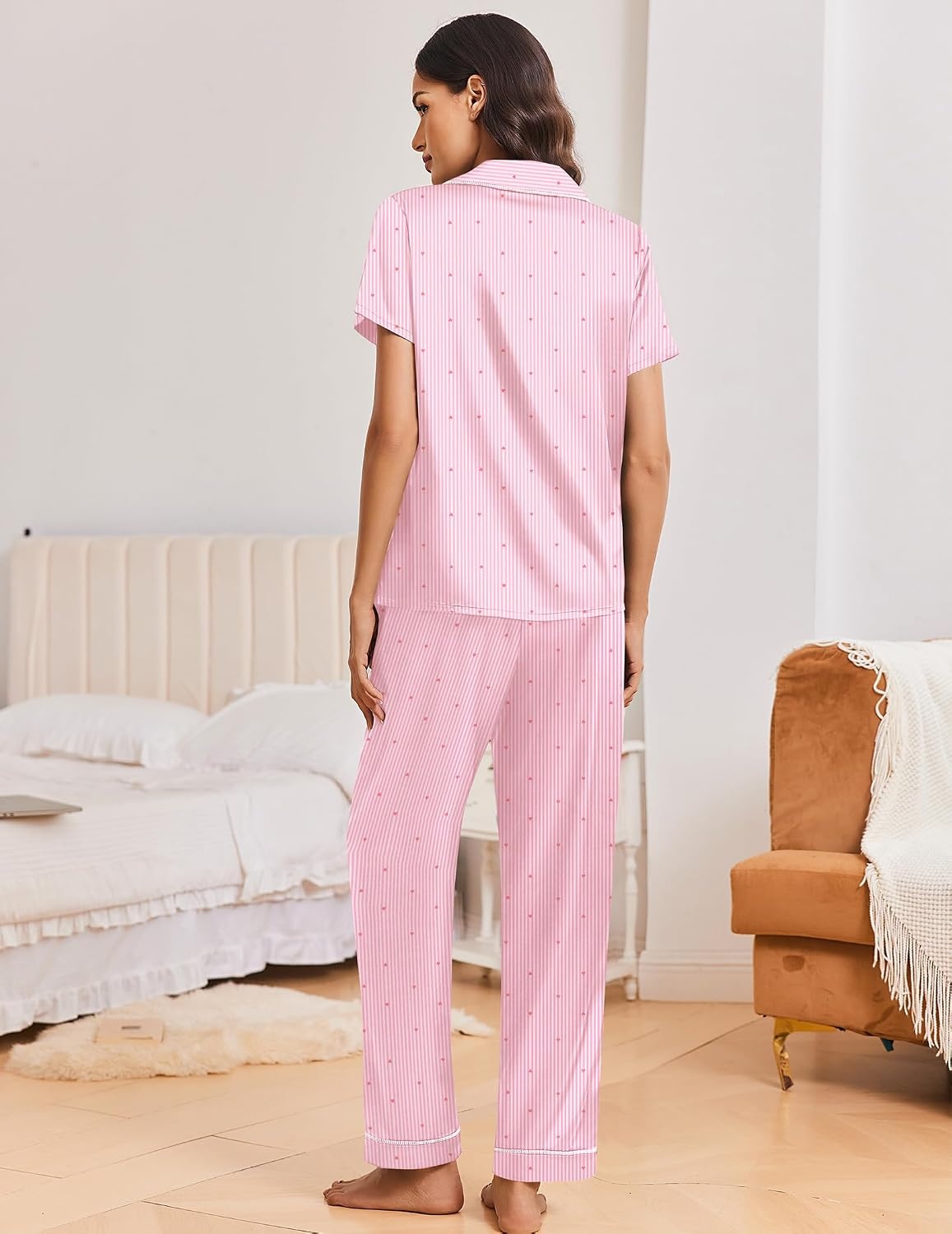 image:imageEkouaer Silk Pajamas for Women Short Sleeve Sleepwear Button Down Pj SetsRed Heart Stripes
