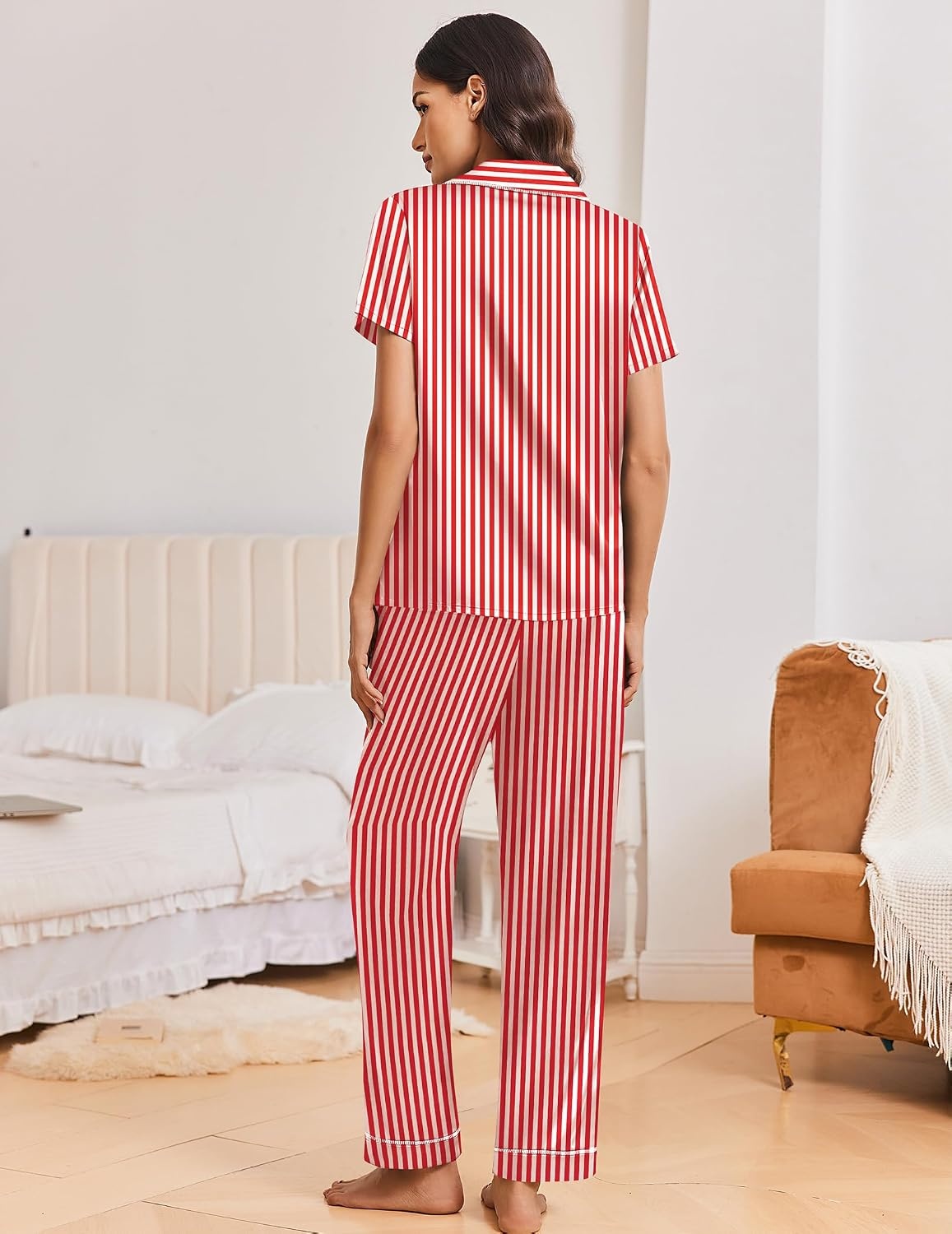 image:imageEkouaer Silk Pajamas for Women Short Sleeve Sleepwear Button Down Pj SetsRed Stripes