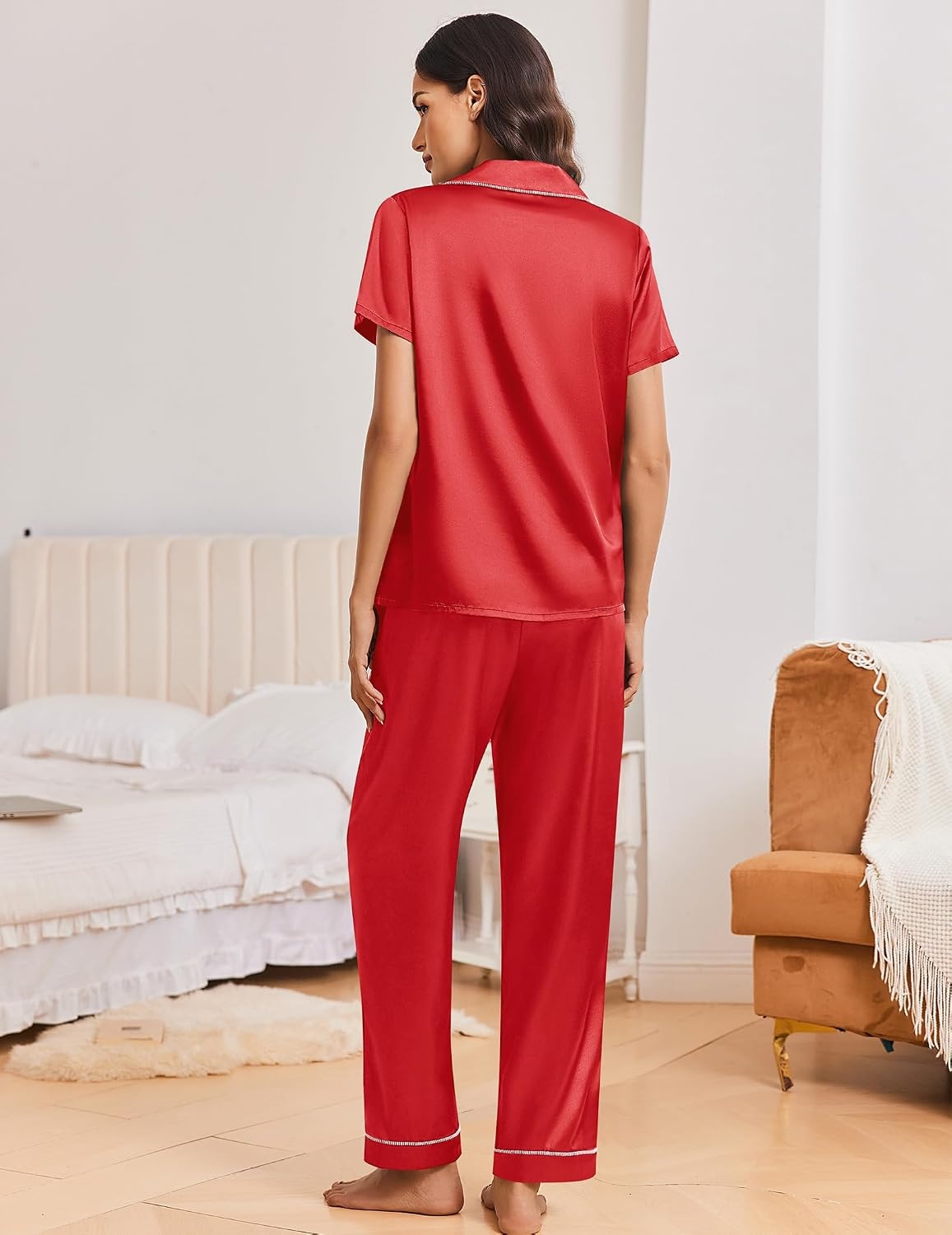 image:imageEkouaer Silk Pajamas for Women Short Sleeve Sleepwear Button Down Pj SetsTrue Red