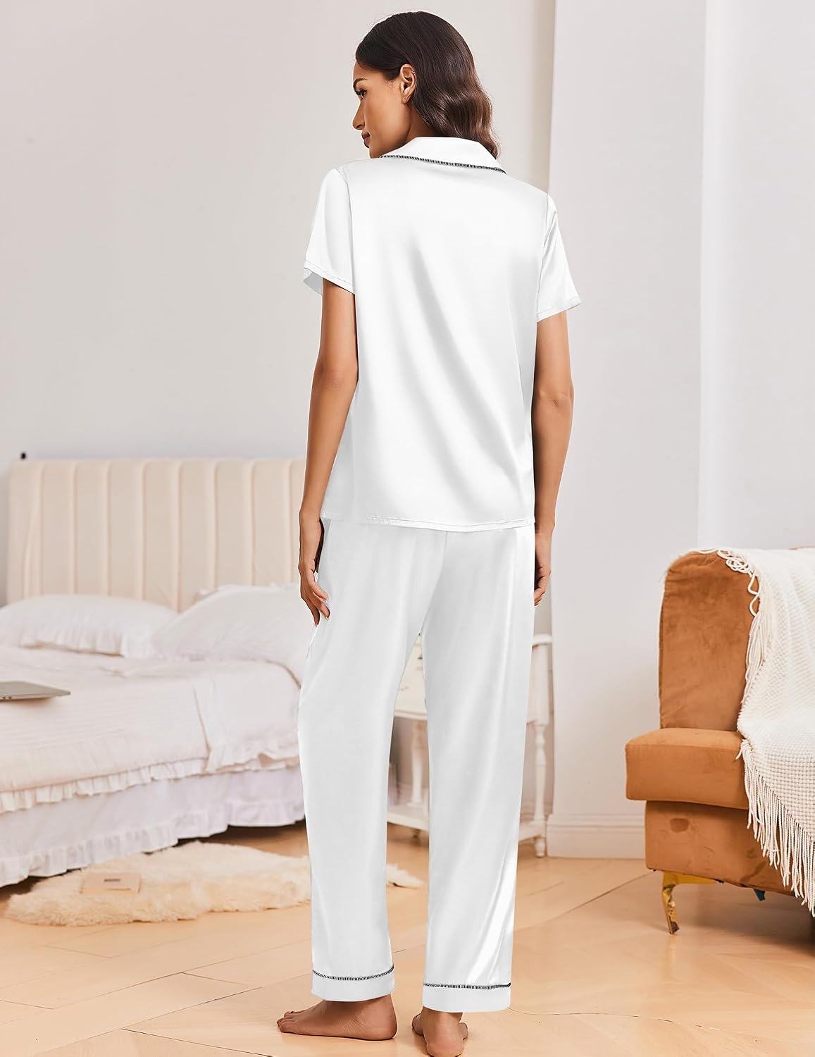 image:imageEkouaer Silk Pajamas for Women Short Sleeve Sleepwear Button Down Pj SetsWhite