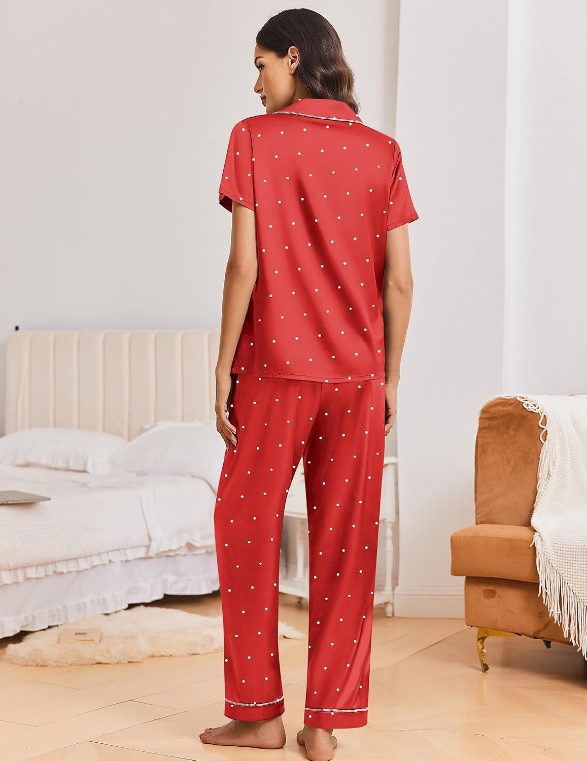 image:imageEkouaer Silk Pajamas for Women Short Sleeve Sleepwear Button Down Pj SetsWhite Spot Red