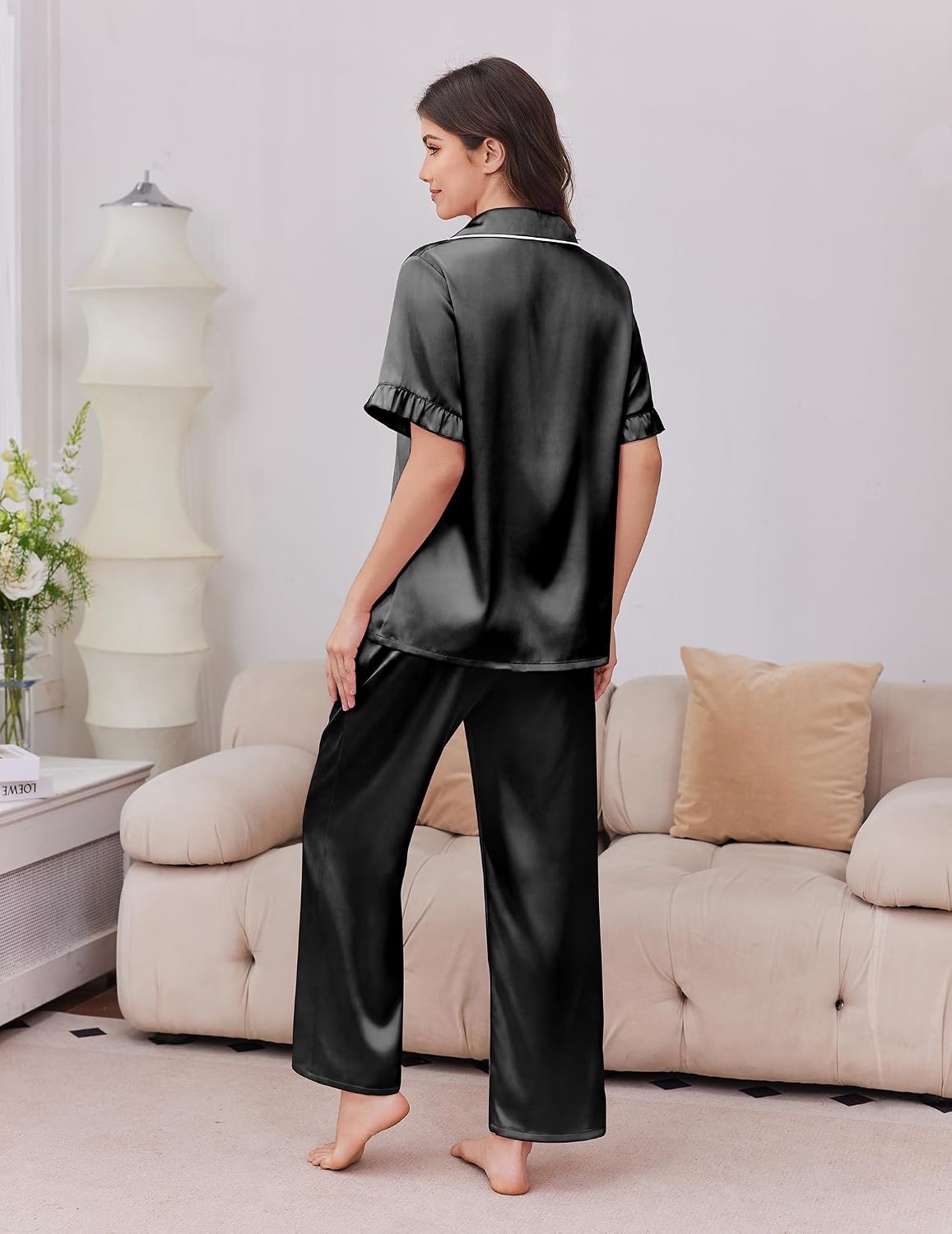 image:imageEkouaer Silk Satin Pajamas for Women Set 2 Piece Short Sleeve Button Up PjsBlack
